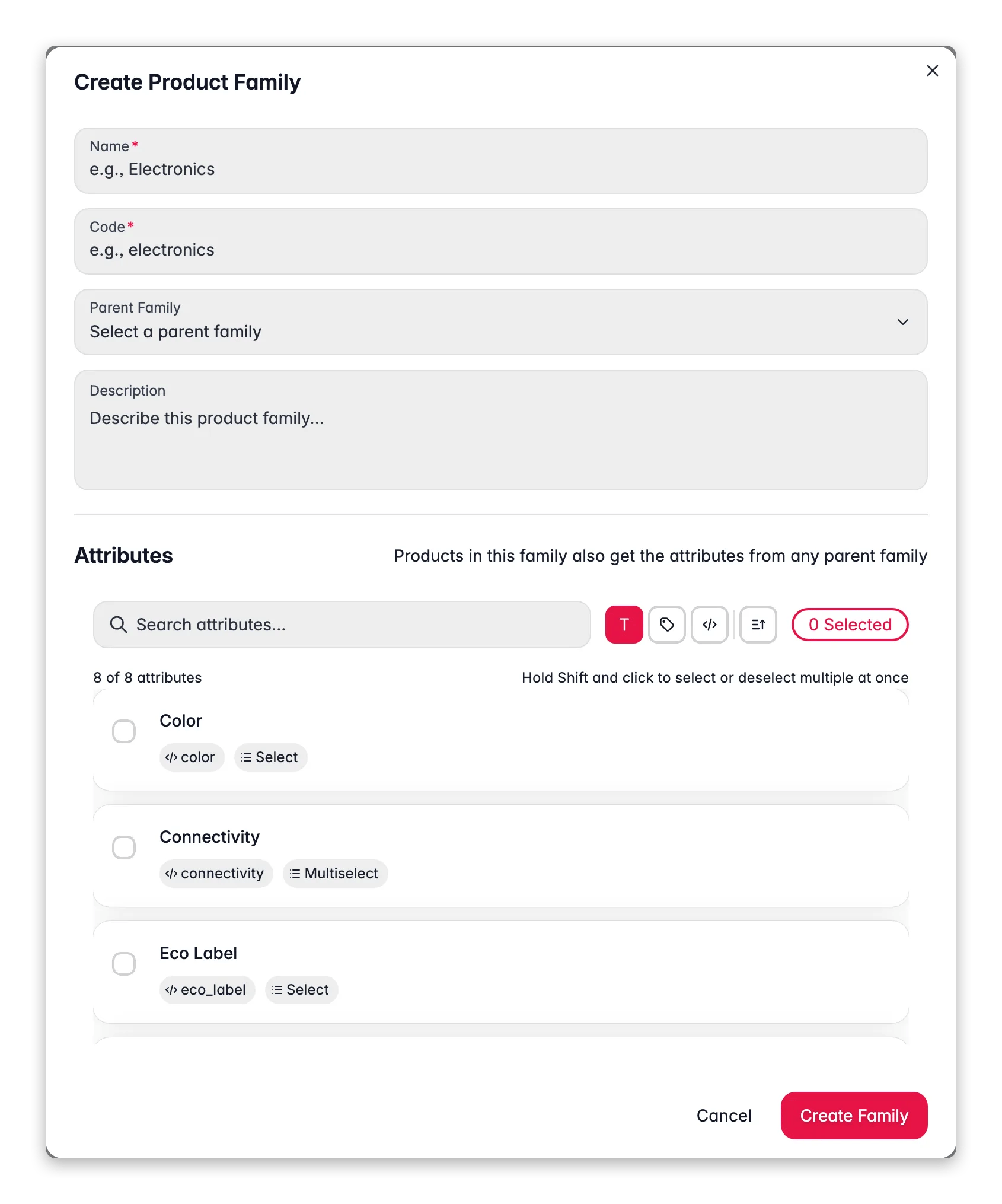 WISEPIM new product family modal with parent, code and per-attribute variant/required config