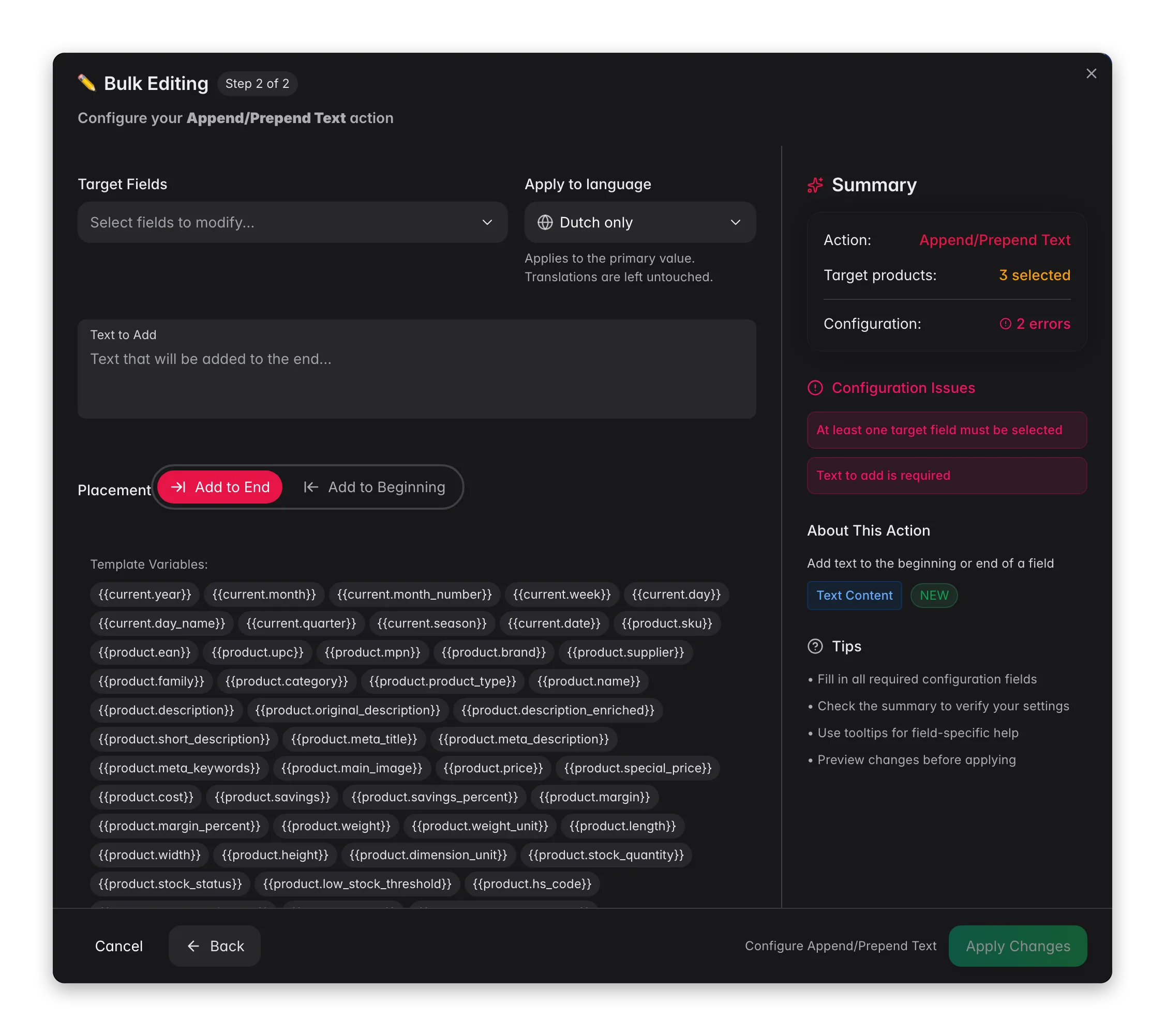Bulk editing, Append/Prepend Text across many products at once in WISEPIM