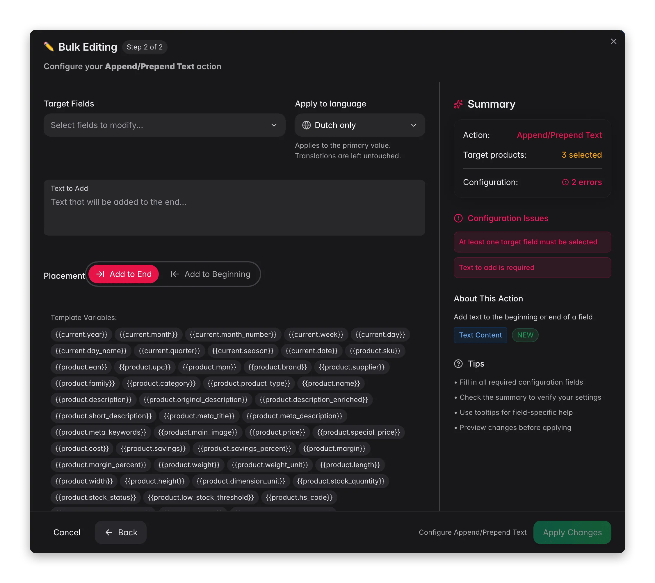 Bulk editing, Append/Prepend Text across many products at once in WISEPIM