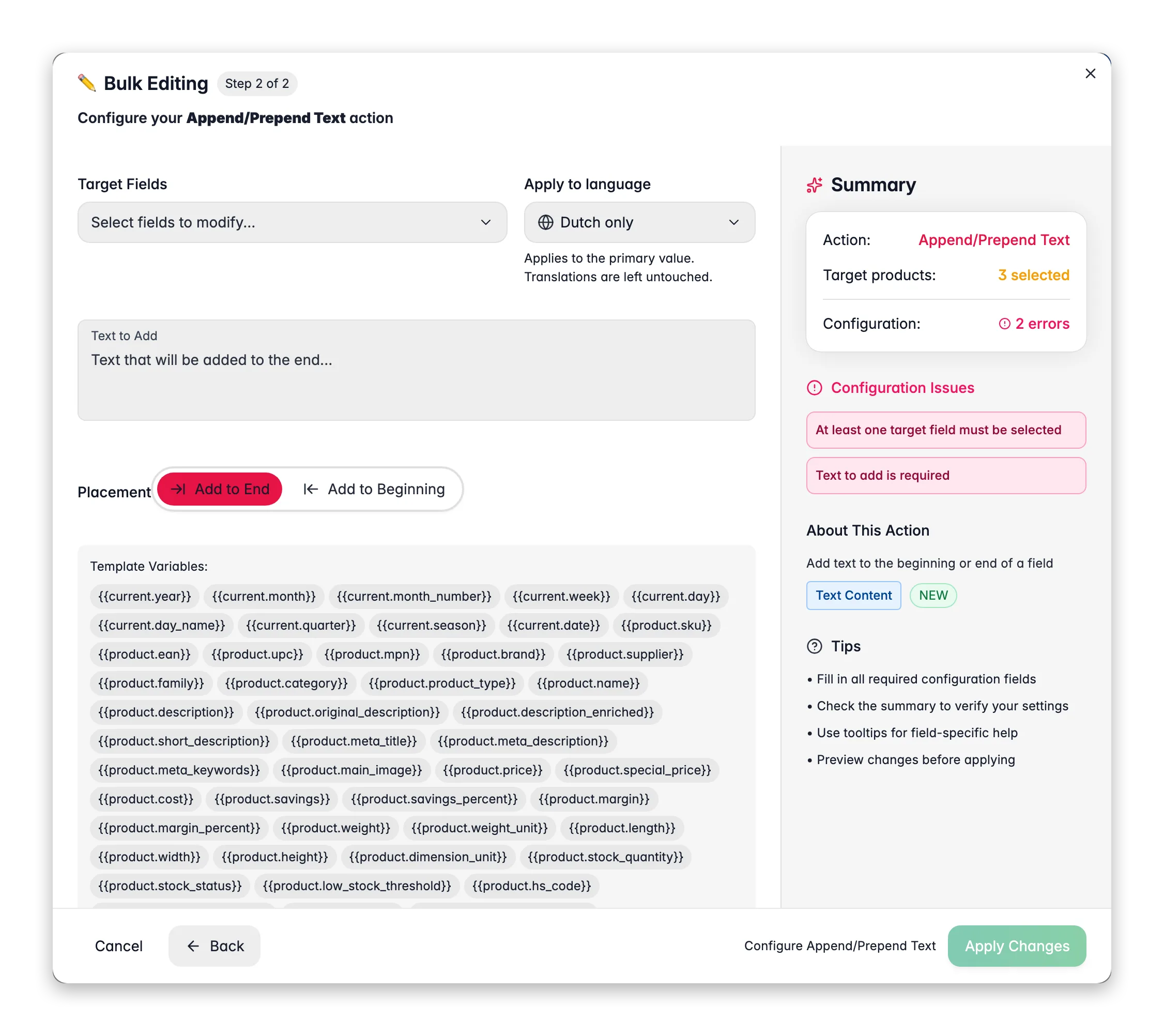 Bulk editing, Append/Prepend Text across many products at once in WISEPIM