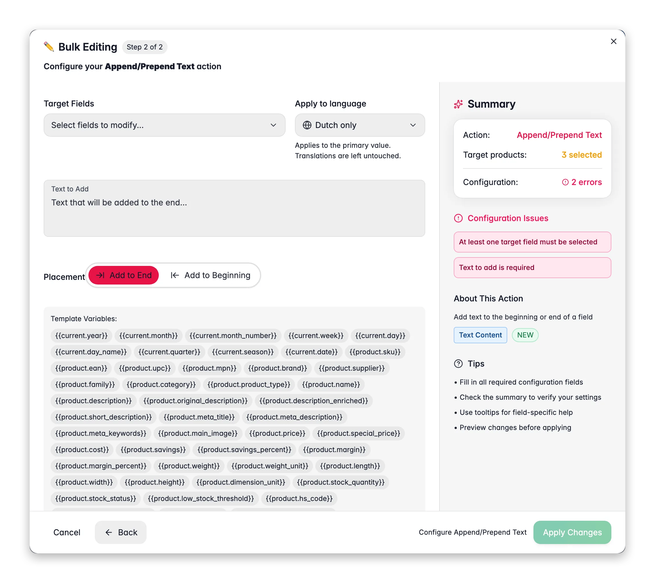 Bulk editing, Append/Prepend Text across many products at once in WISEPIM