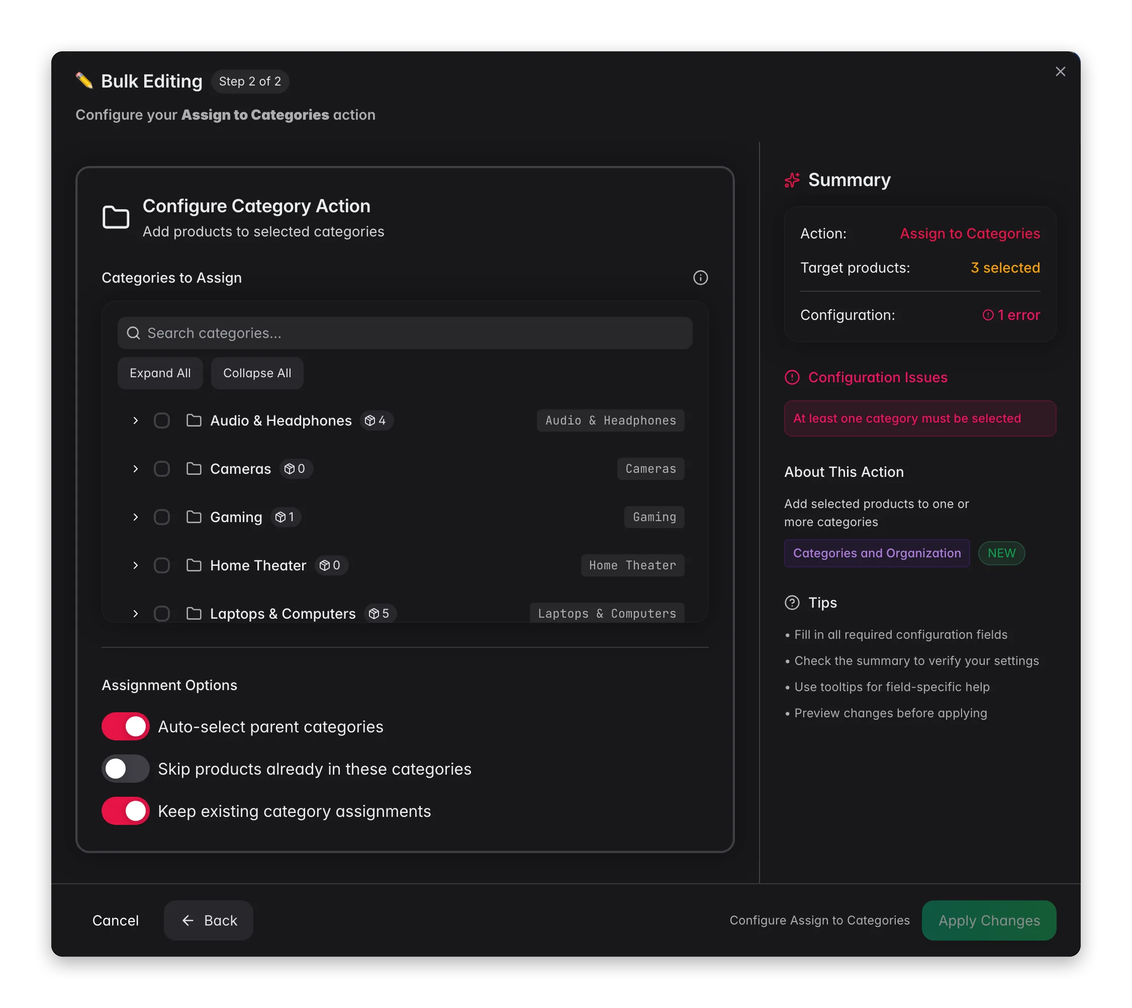 Bulk editing, Assign to Categories across many products at once in WISEPIM