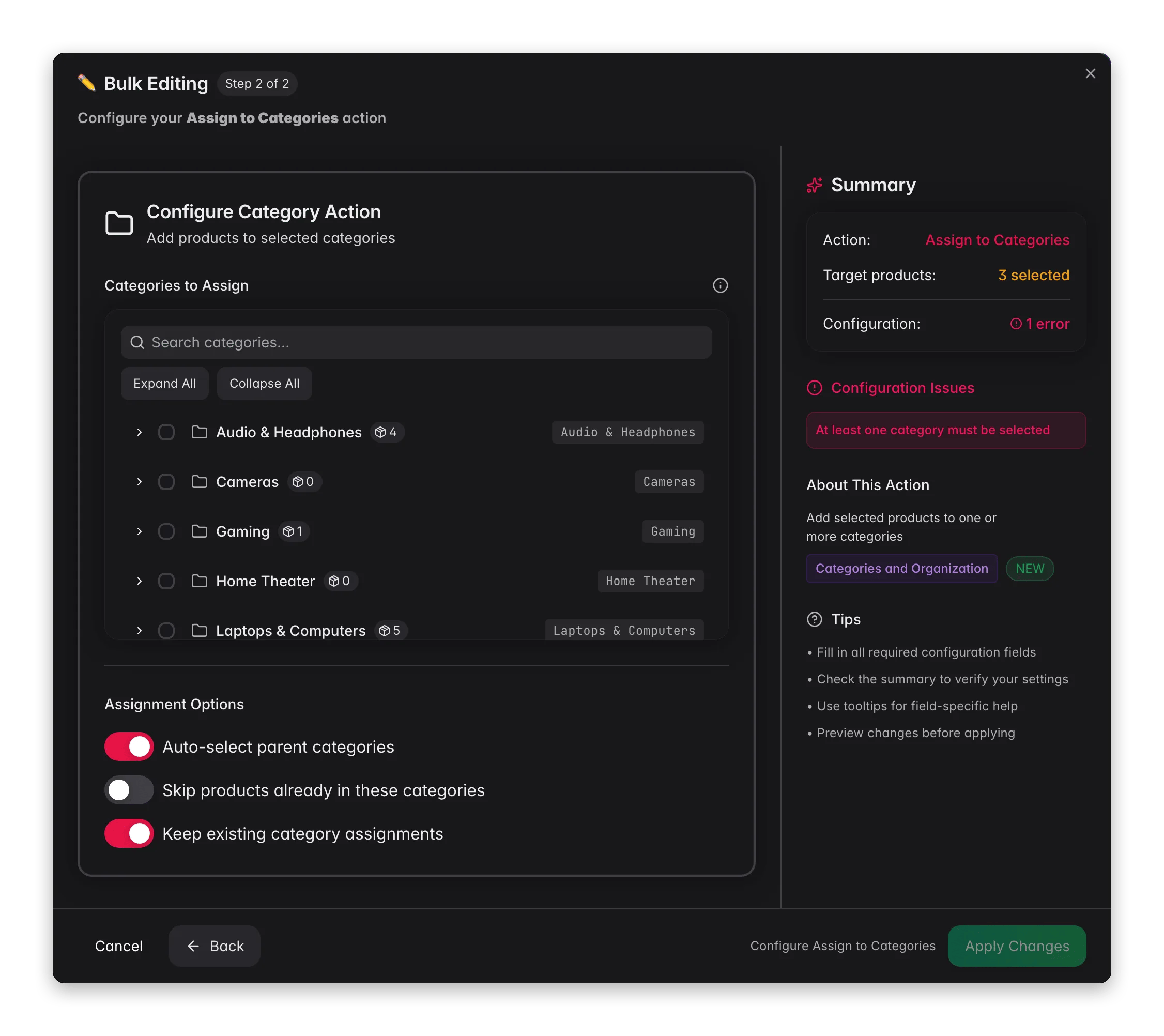Bulk editing, Assign to Categories across many products at once in WISEPIM