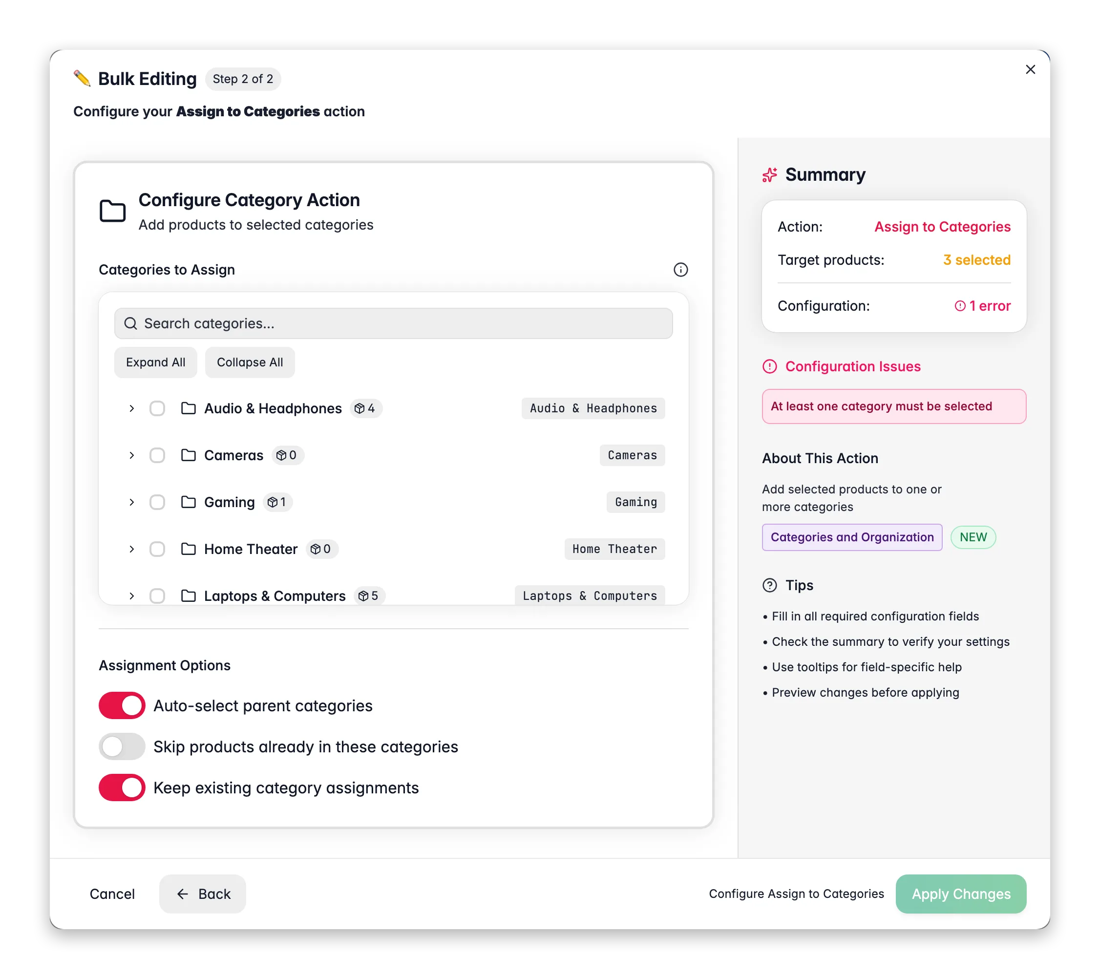 Bulk editing, Assign to Categories across many products at once in WISEPIM