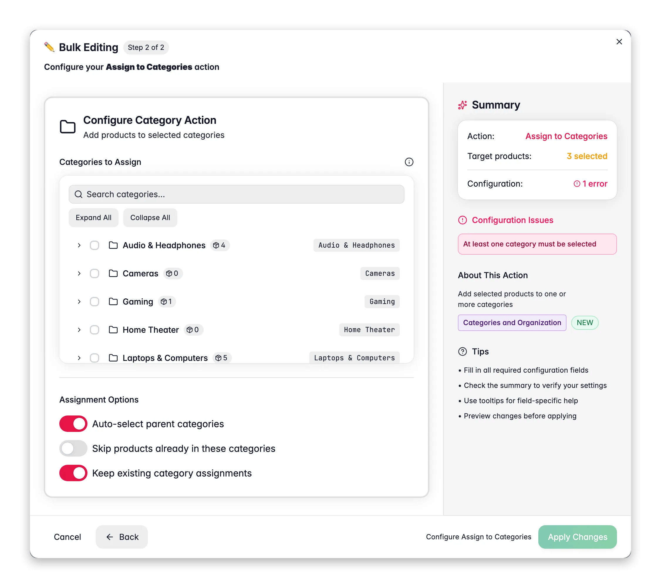 Bulk editing, Assign to Categories across many products at once in WISEPIM
