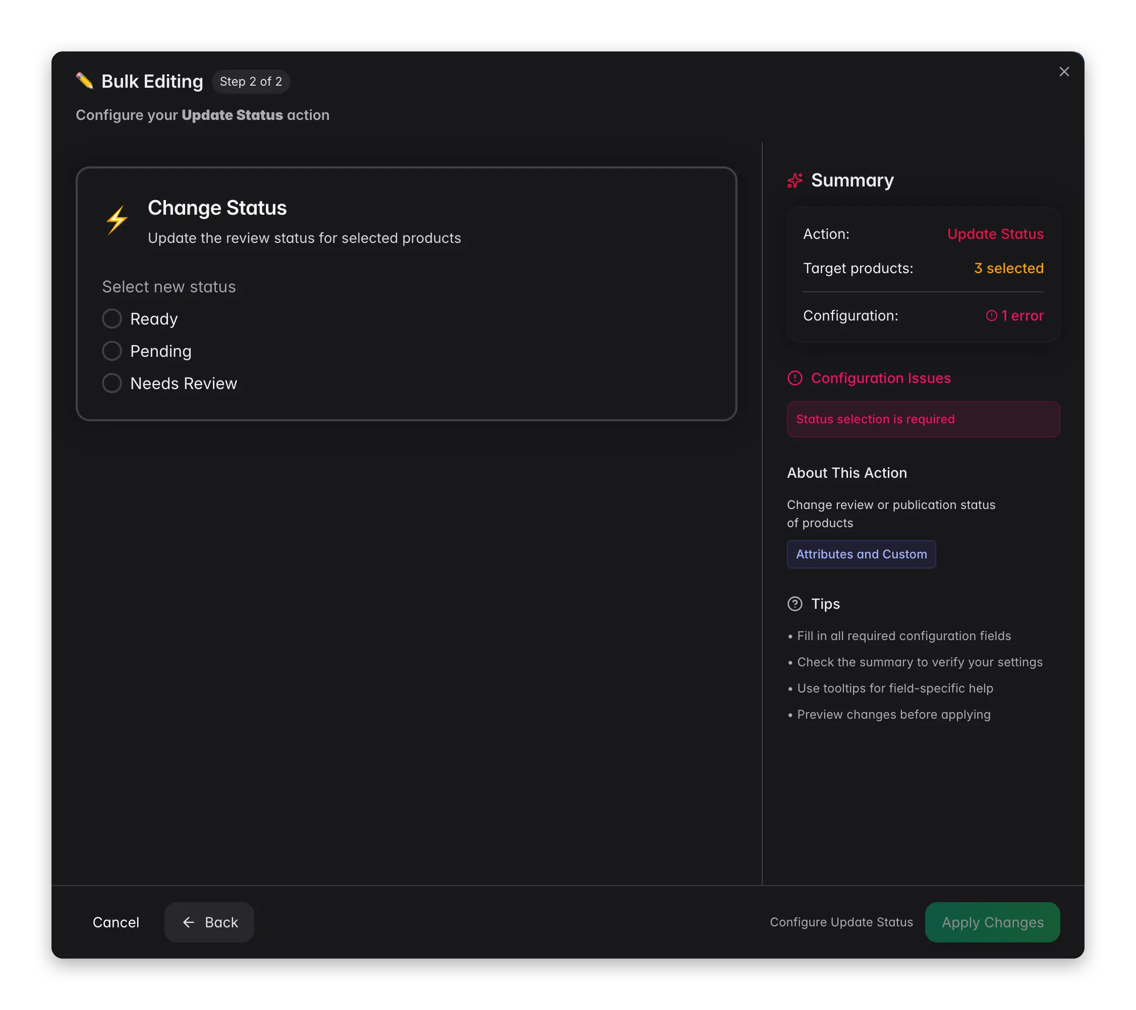 Bulk editing, Update Status across many products at once in WISEPIM