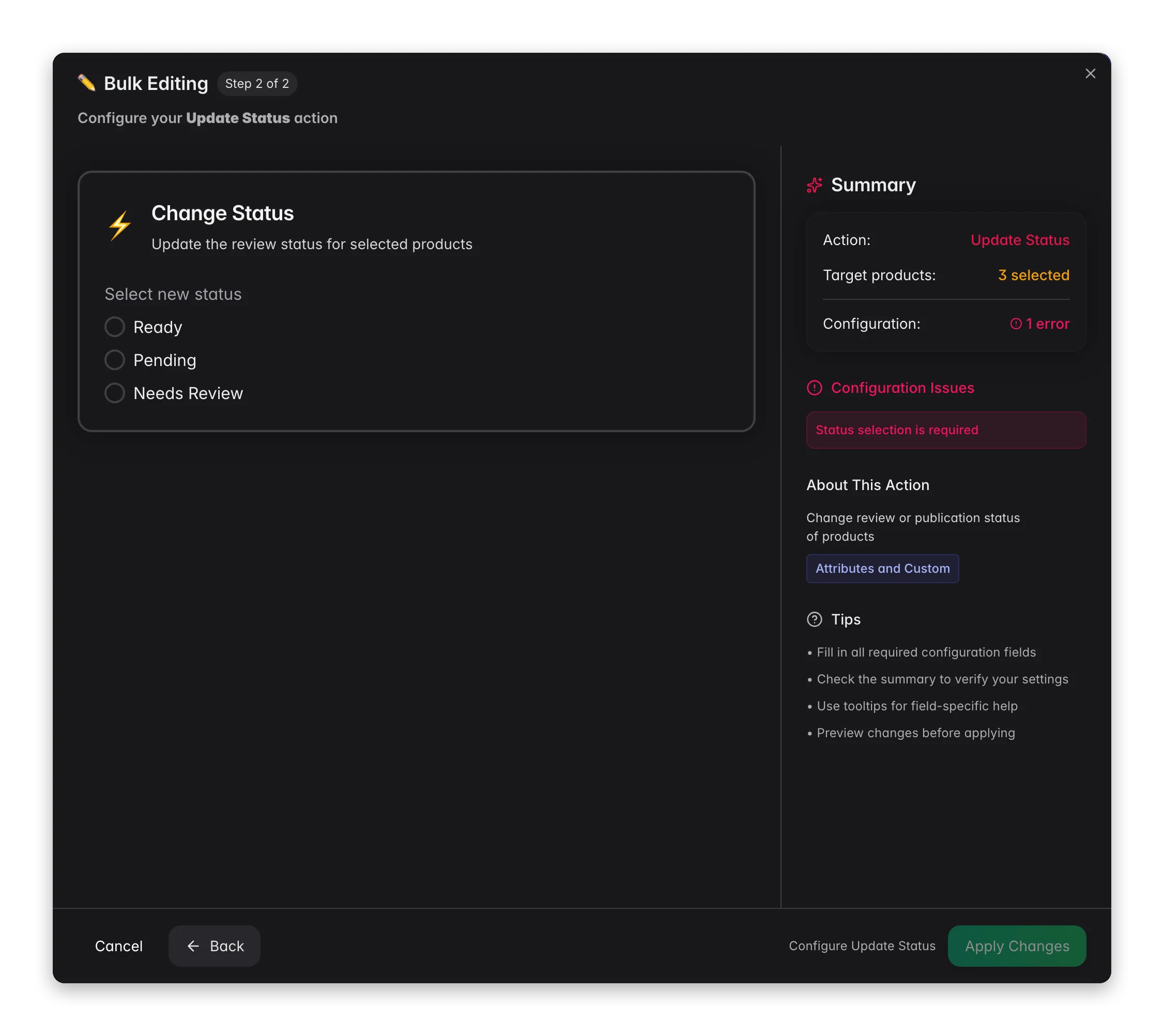 Bulk editing, Update Status across many products at once in WISEPIM