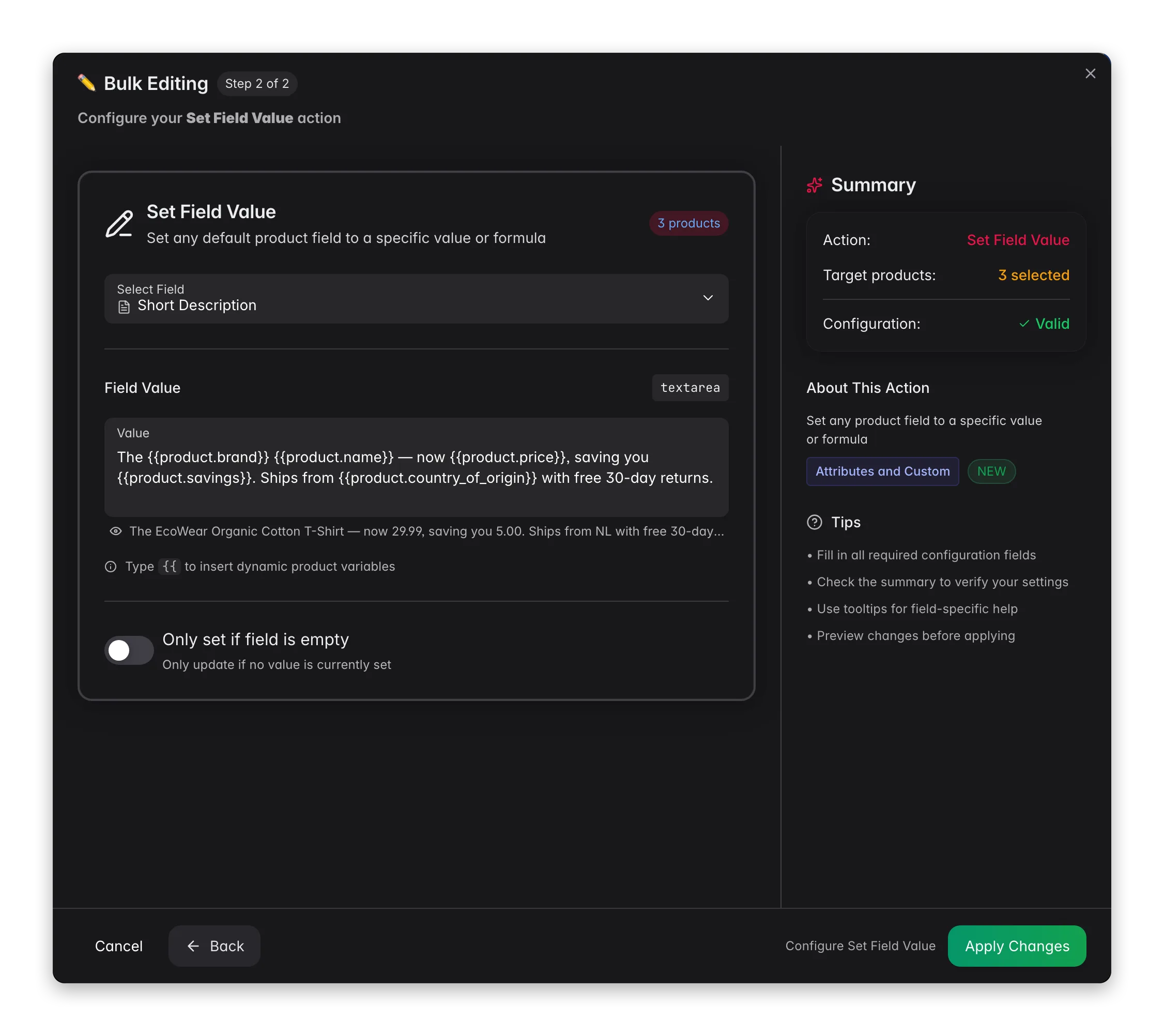 Generating product descriptions from a content-logic template with brand, price and savings variables in WISEPIM
