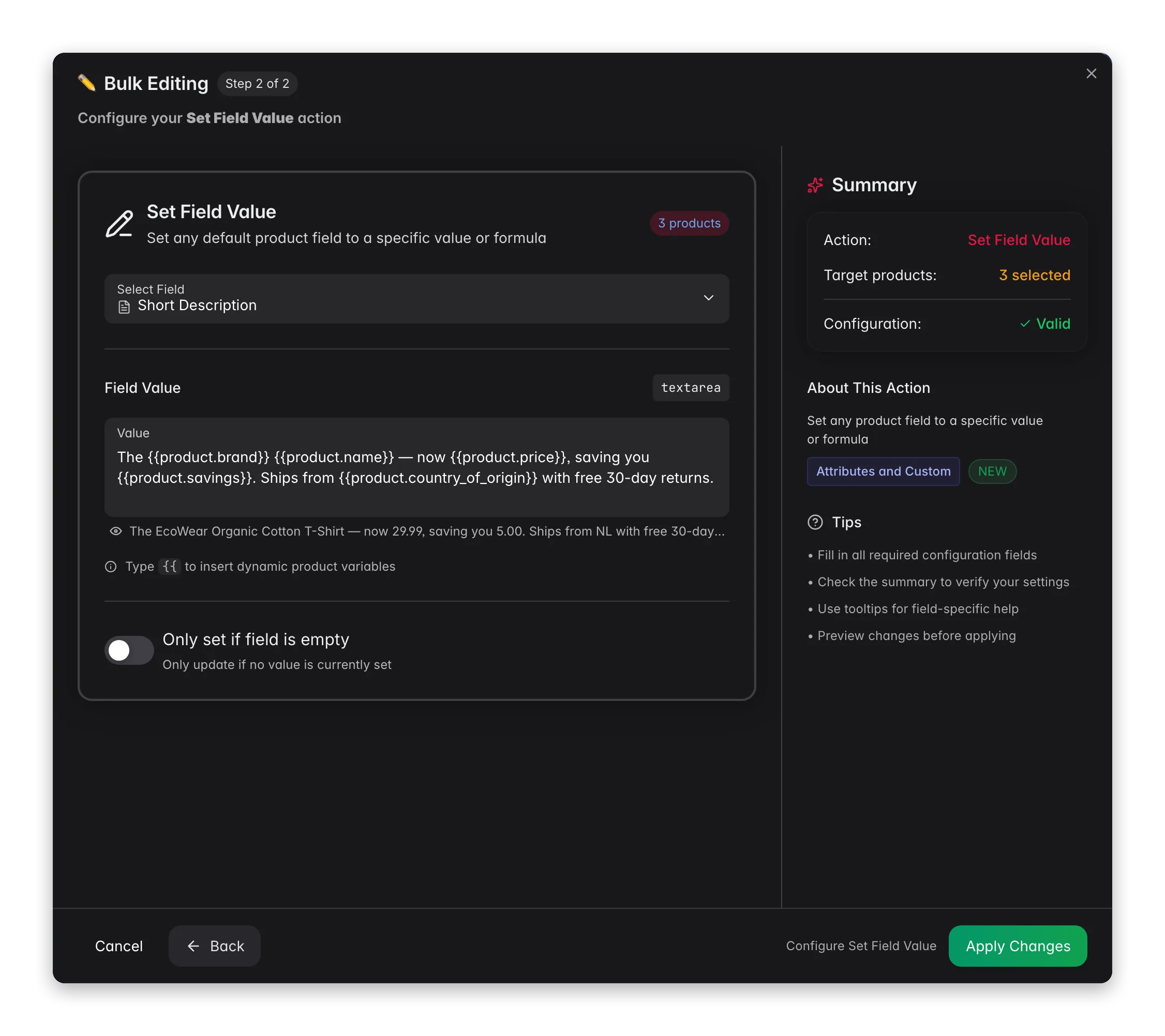 Generating product descriptions from a content-logic template with brand, price and savings variables in WISEPIM