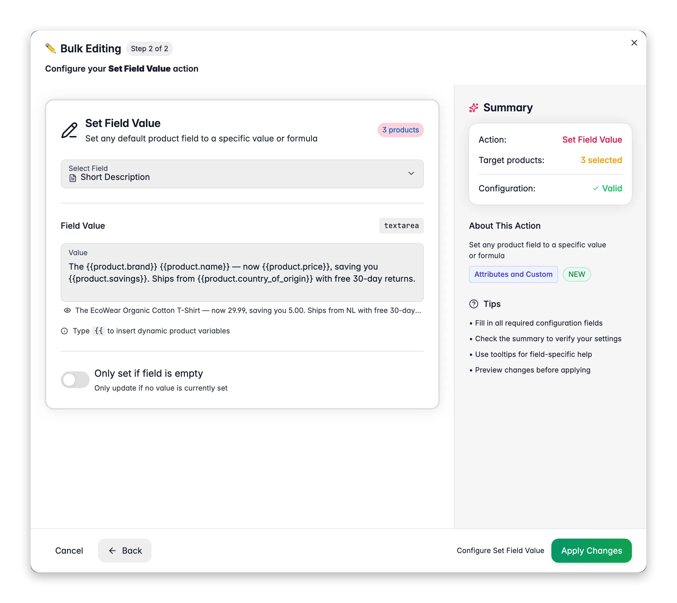 Generating product descriptions from a content-logic template with brand, price and savings variables in WISEPIM