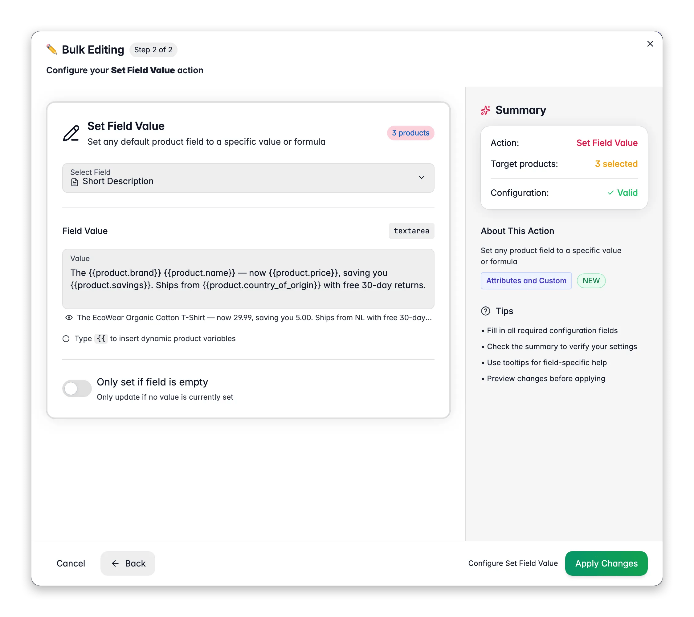 Generating product descriptions from a content-logic template with brand, price and savings variables in WISEPIM