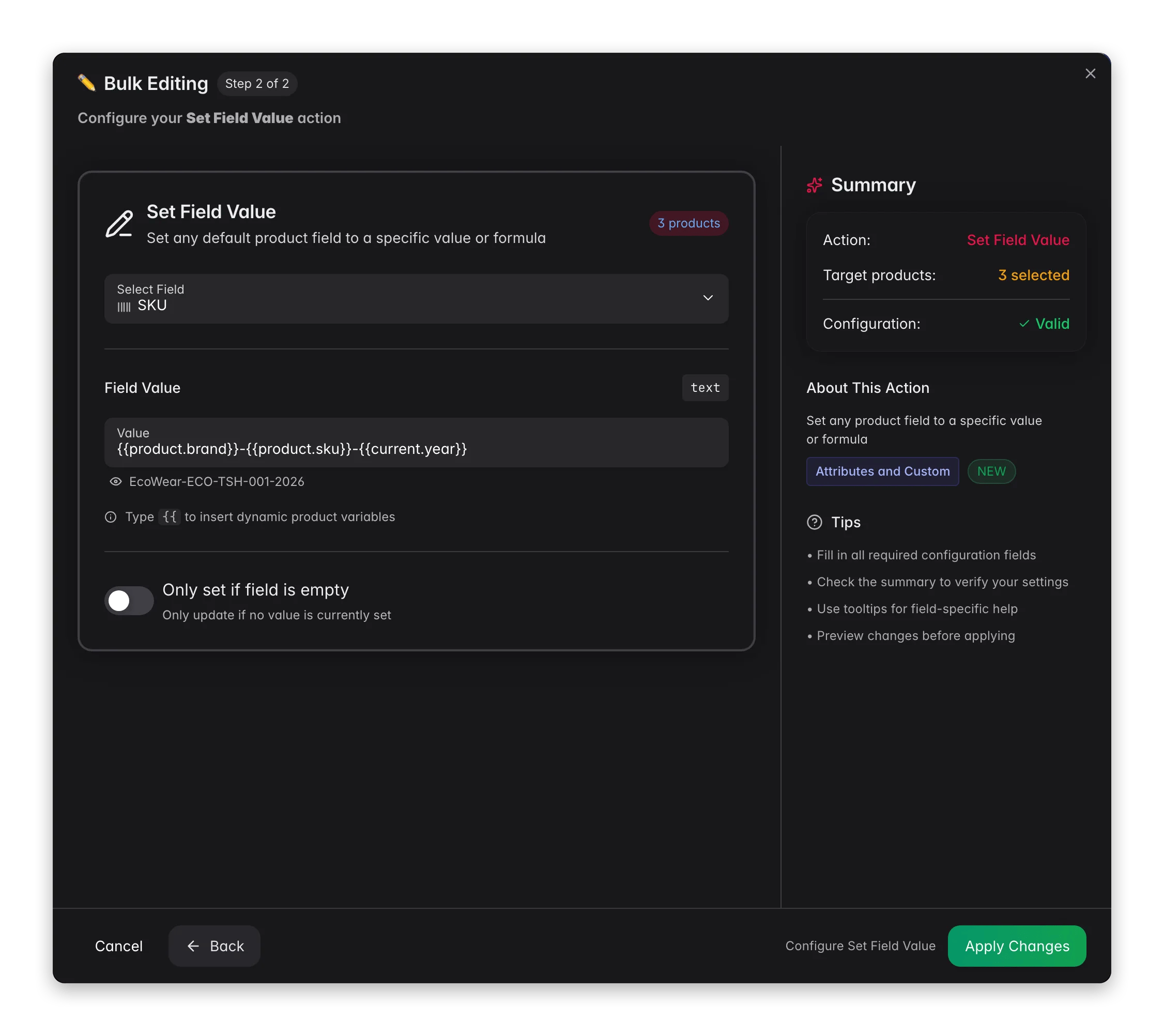 Generating unique SKUs from a content-logic formula in WISEPIM bulk edit