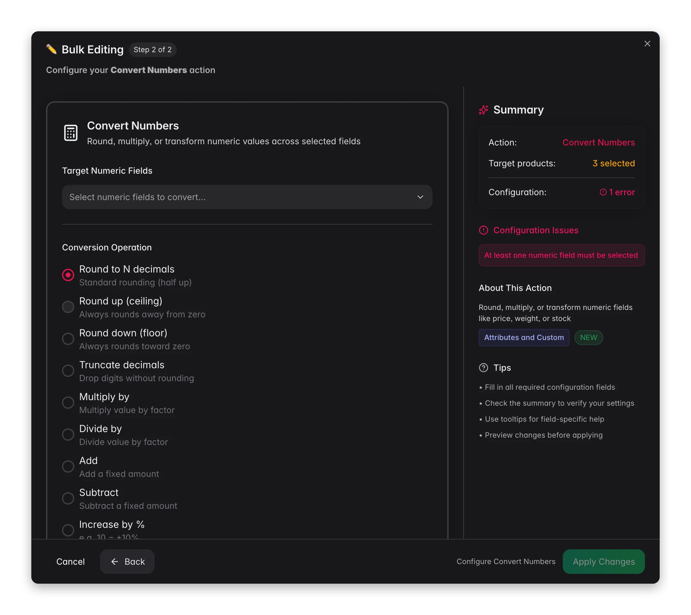 Bulk editing, Convert Numbers across many products at once in WISEPIM