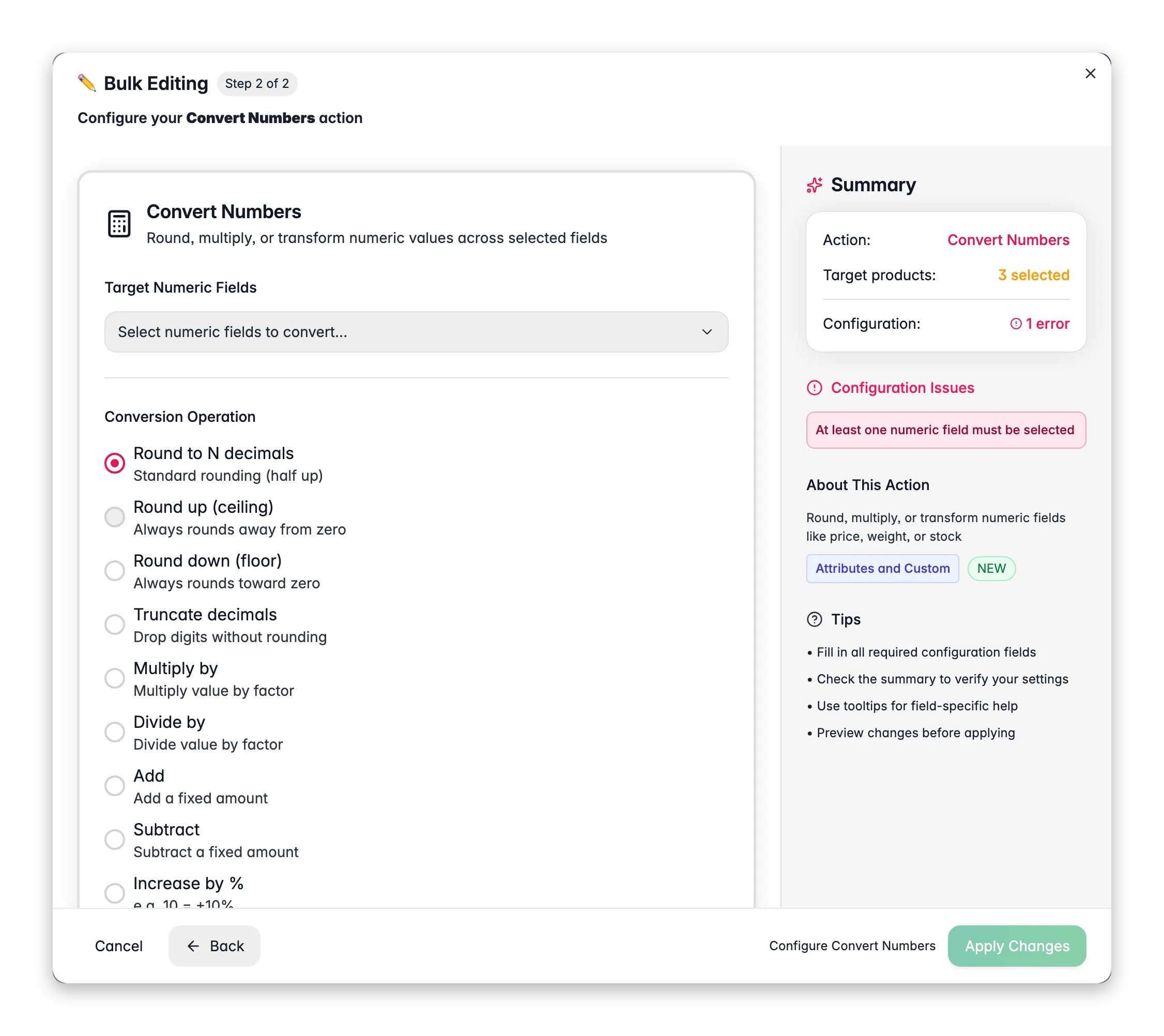 Bulk editing, Convert Numbers across many products at once in WISEPIM