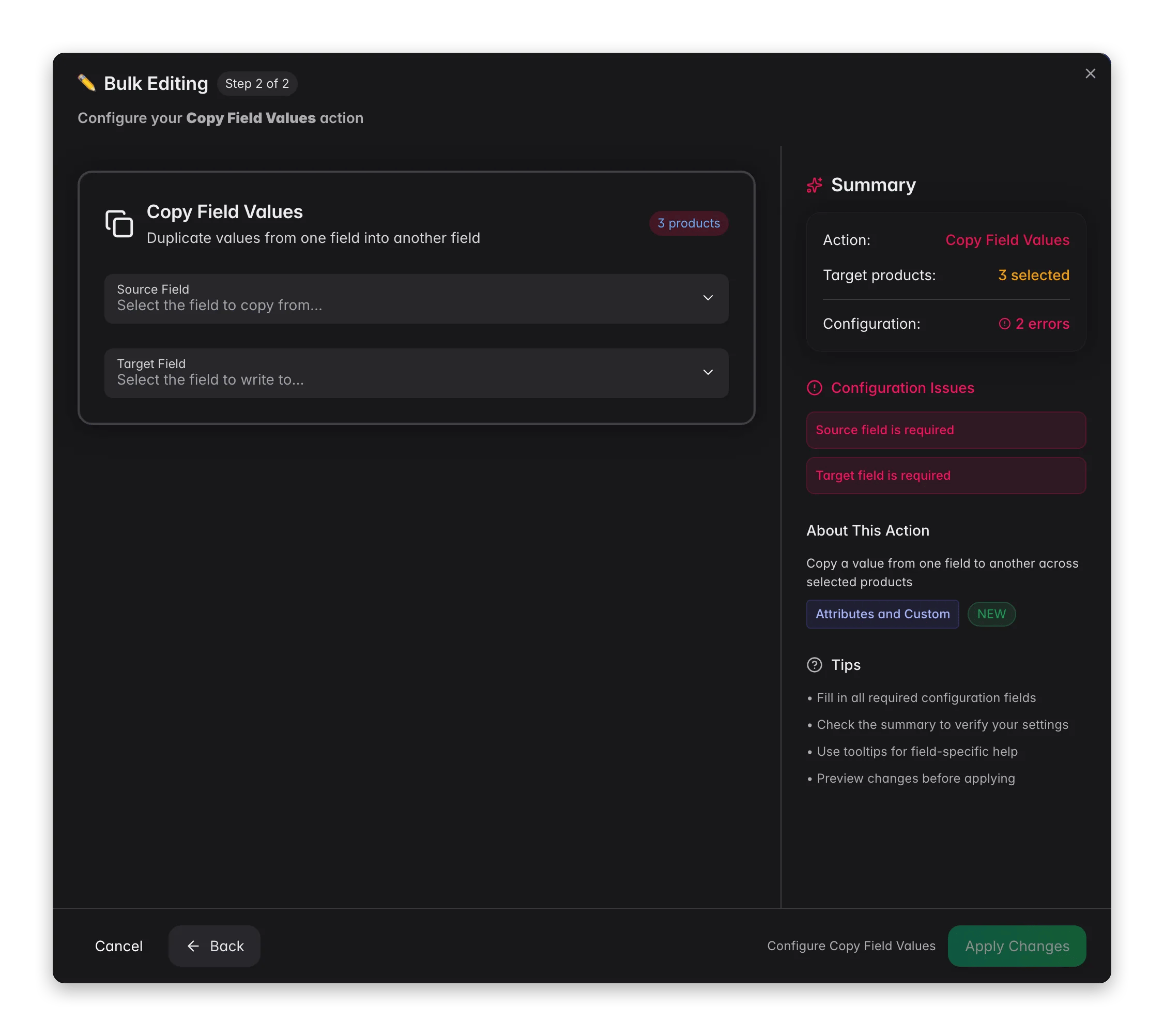 Bulk editing, Copy Field Values across many products at once in WISEPIM