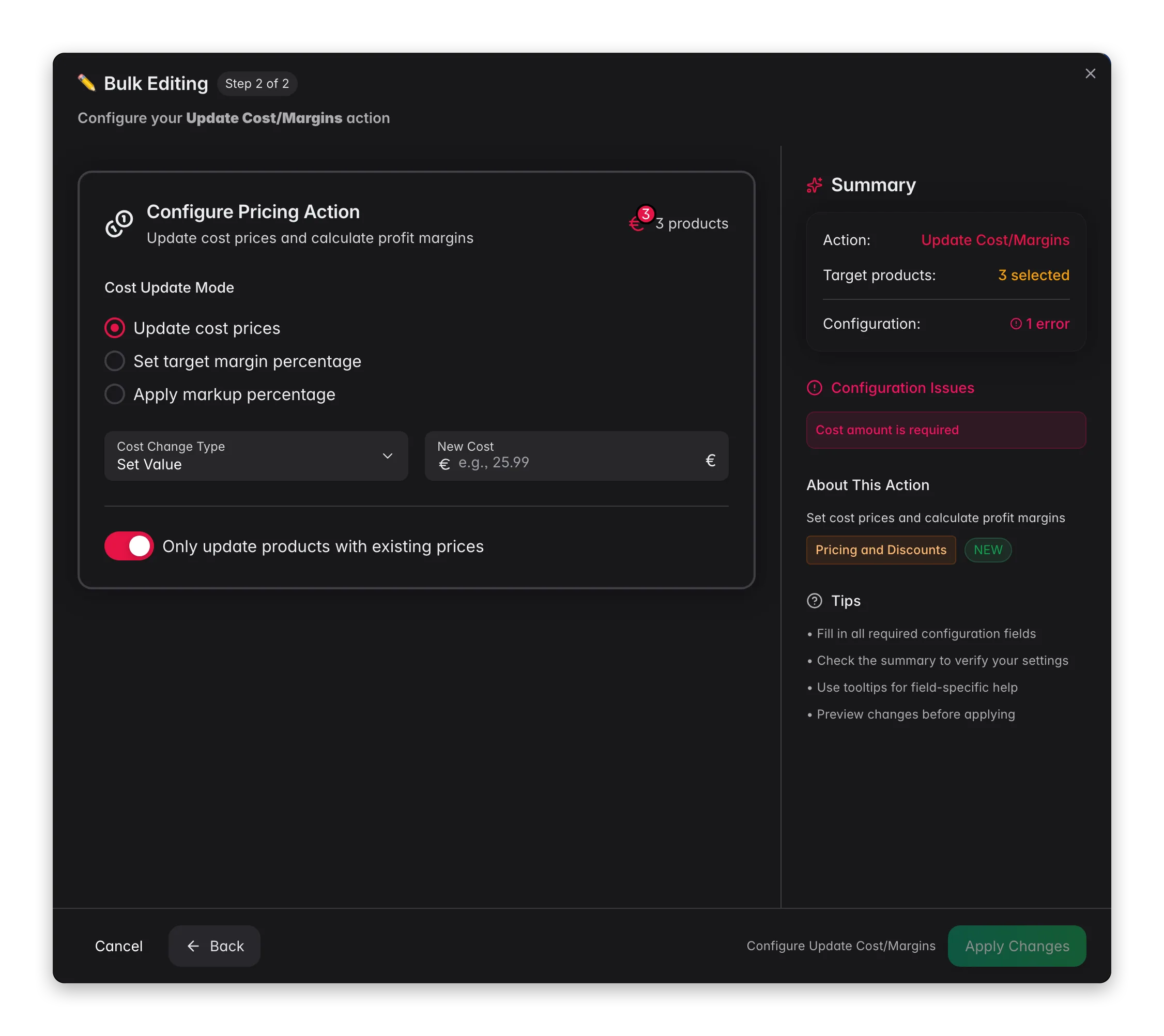 Bulk editing, Update Cost/Margins across many products at once in WISEPIM