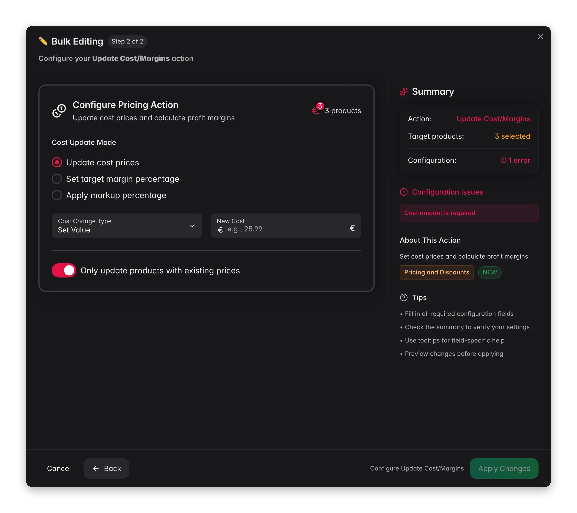 Bulk editing, Update Cost/Margins across many products at once in WISEPIM