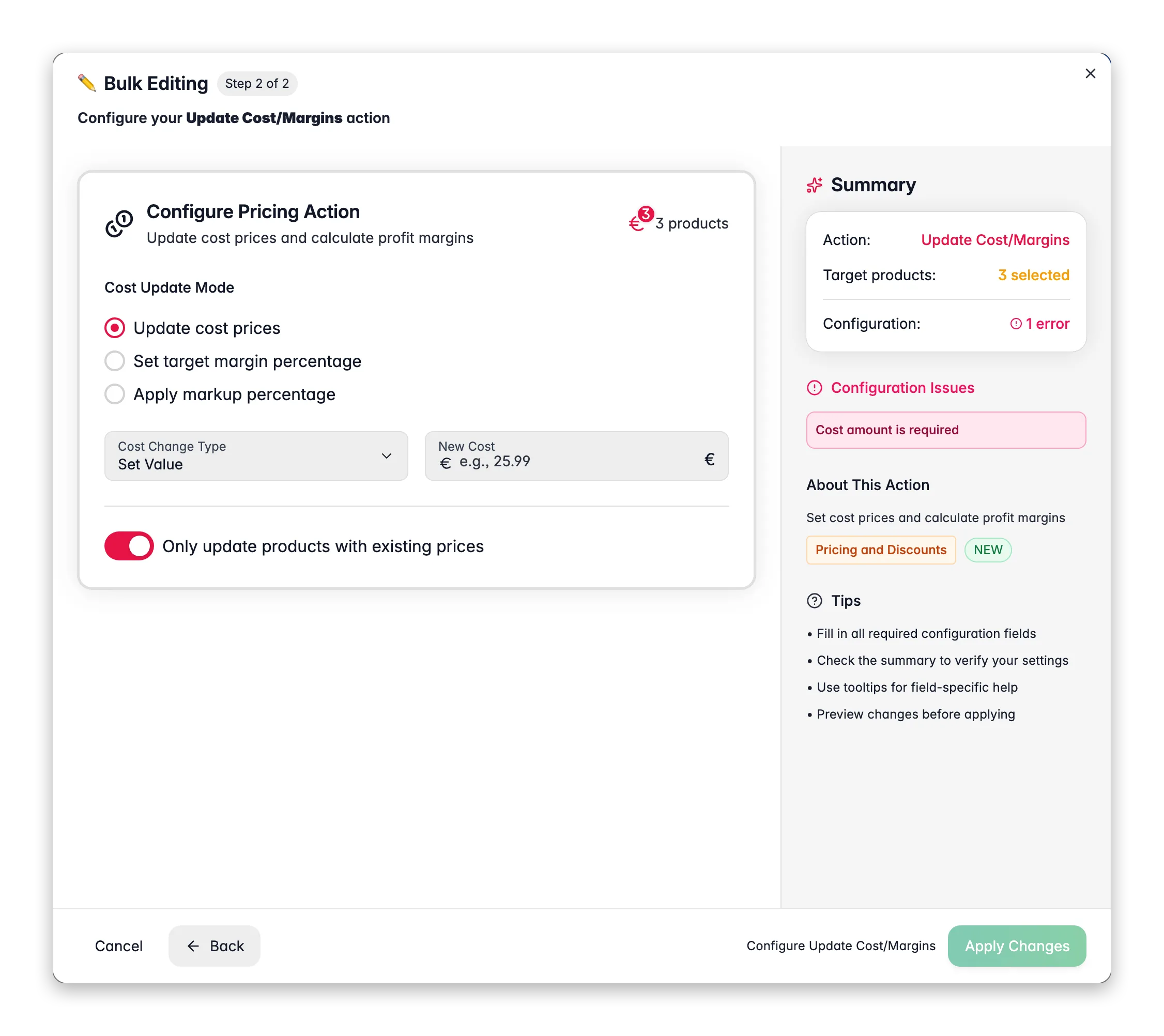 Bulk editing, Update Cost/Margins across many products at once in WISEPIM
