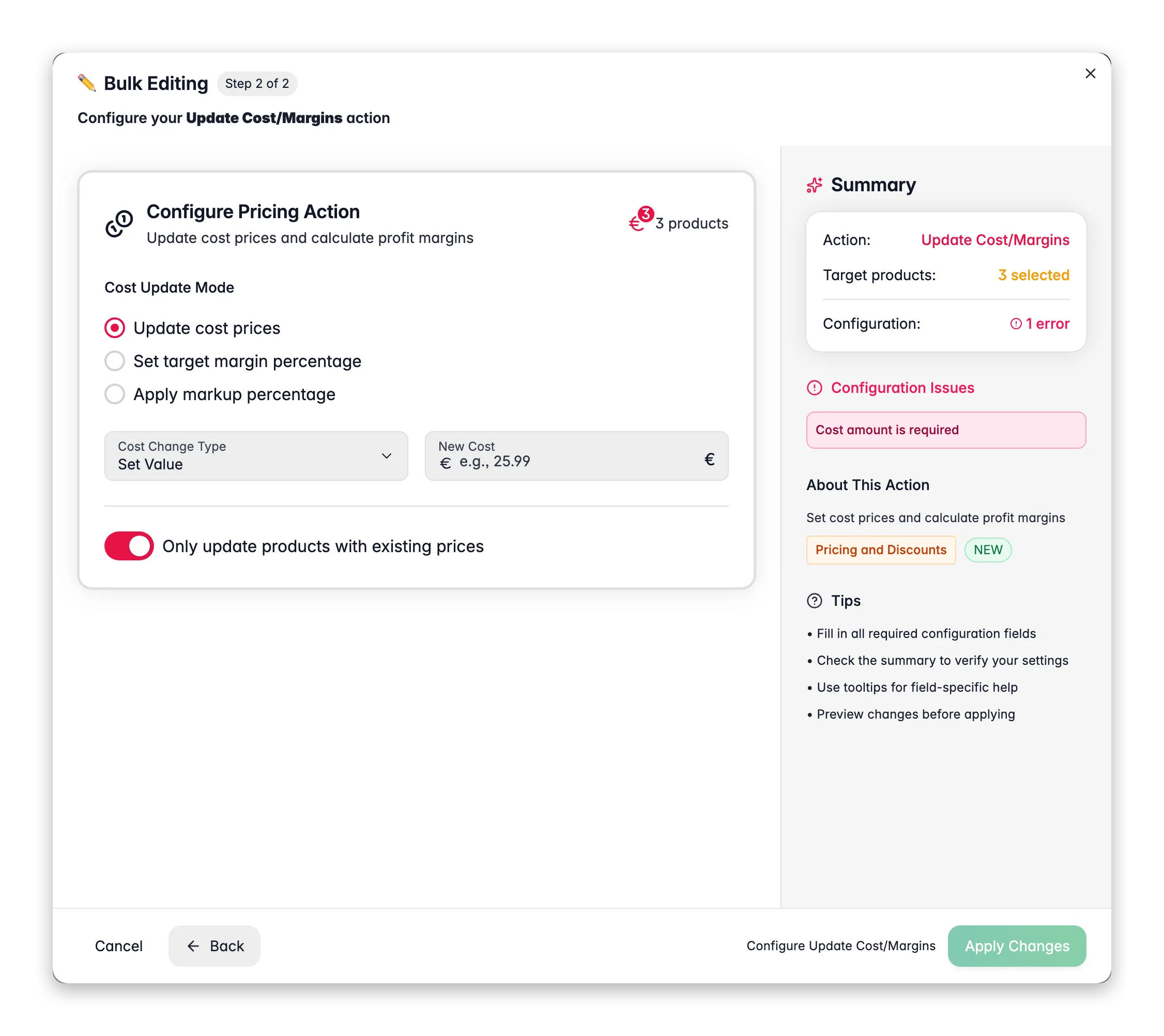 Bulk editing, Update Cost/Margins across many products at once in WISEPIM
