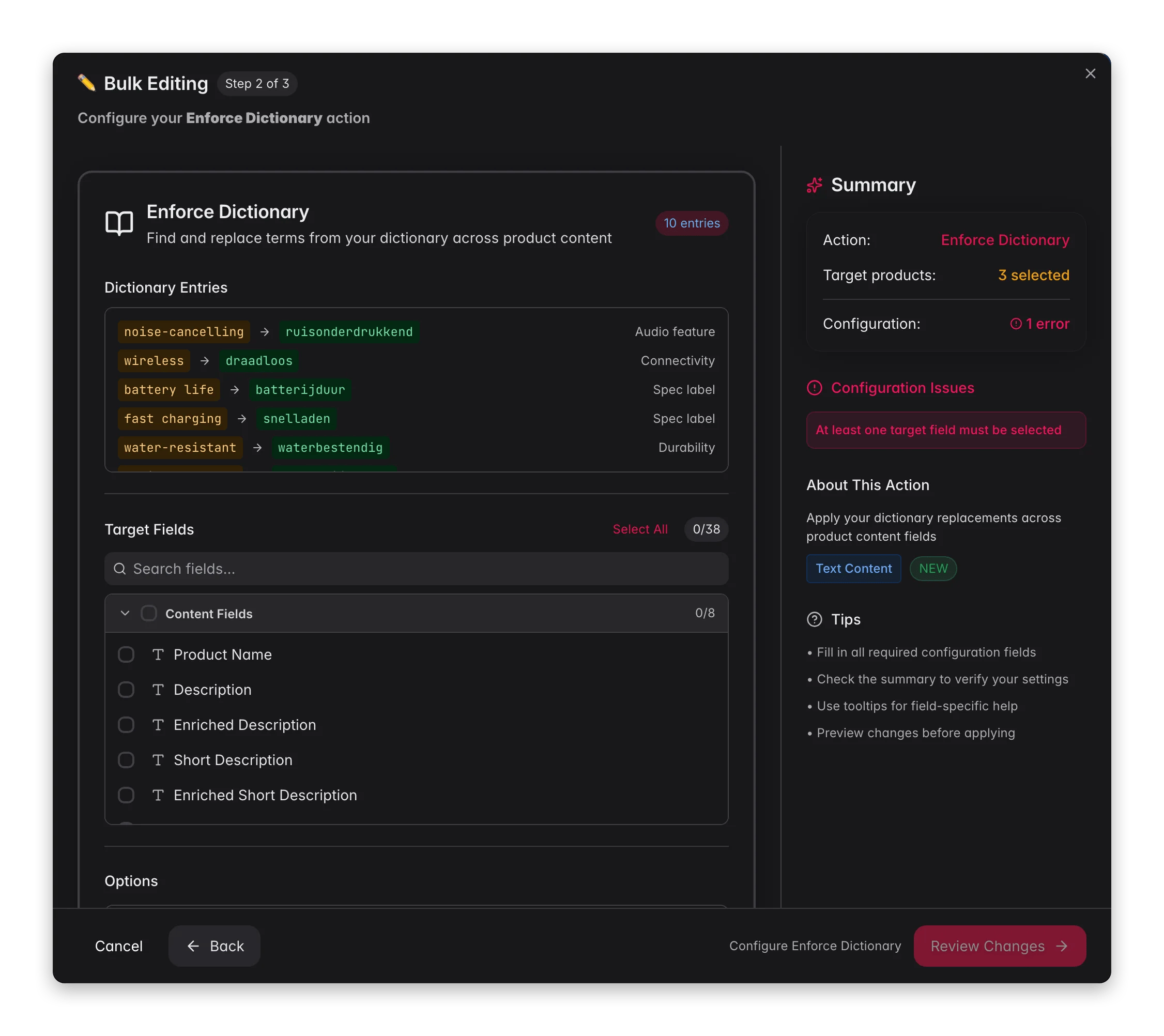 Bulk editing, Enforce Dictionary across many products at once in WISEPIM