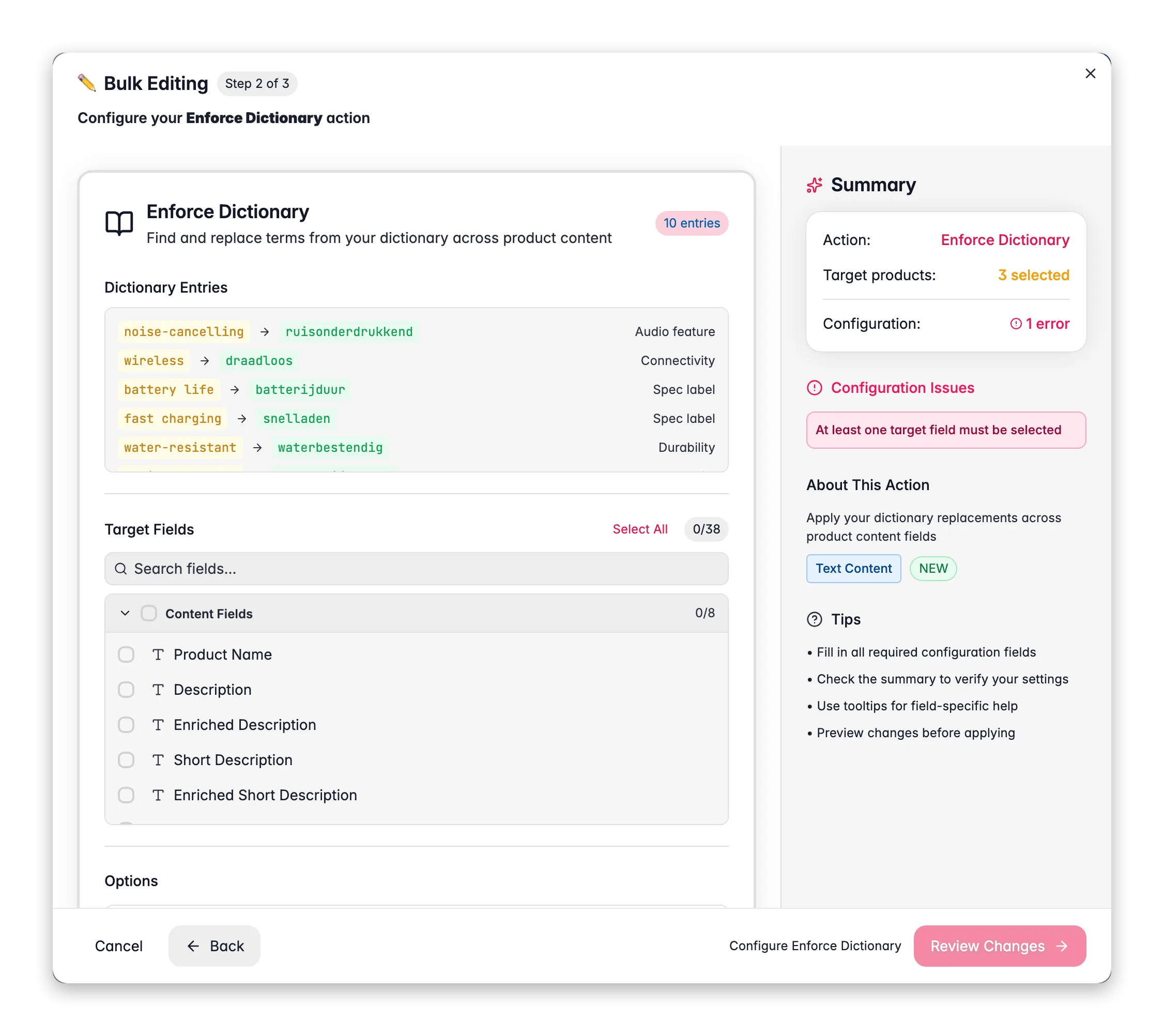 Bulk editing, Enforce Dictionary across many products at once in WISEPIM