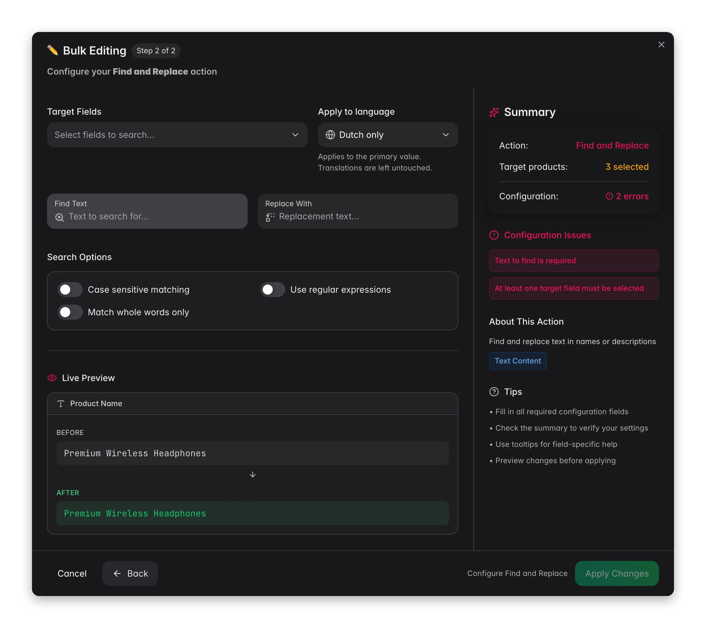 Bulk editing, Find and Replace across many products at once in WISEPIM