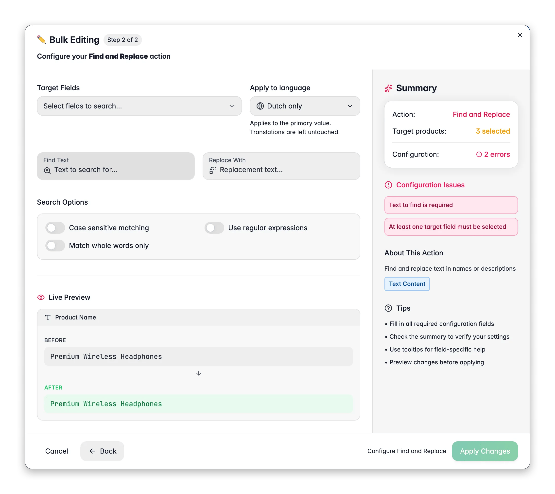 Bulk editing, Find and Replace across many products at once in WISEPIM