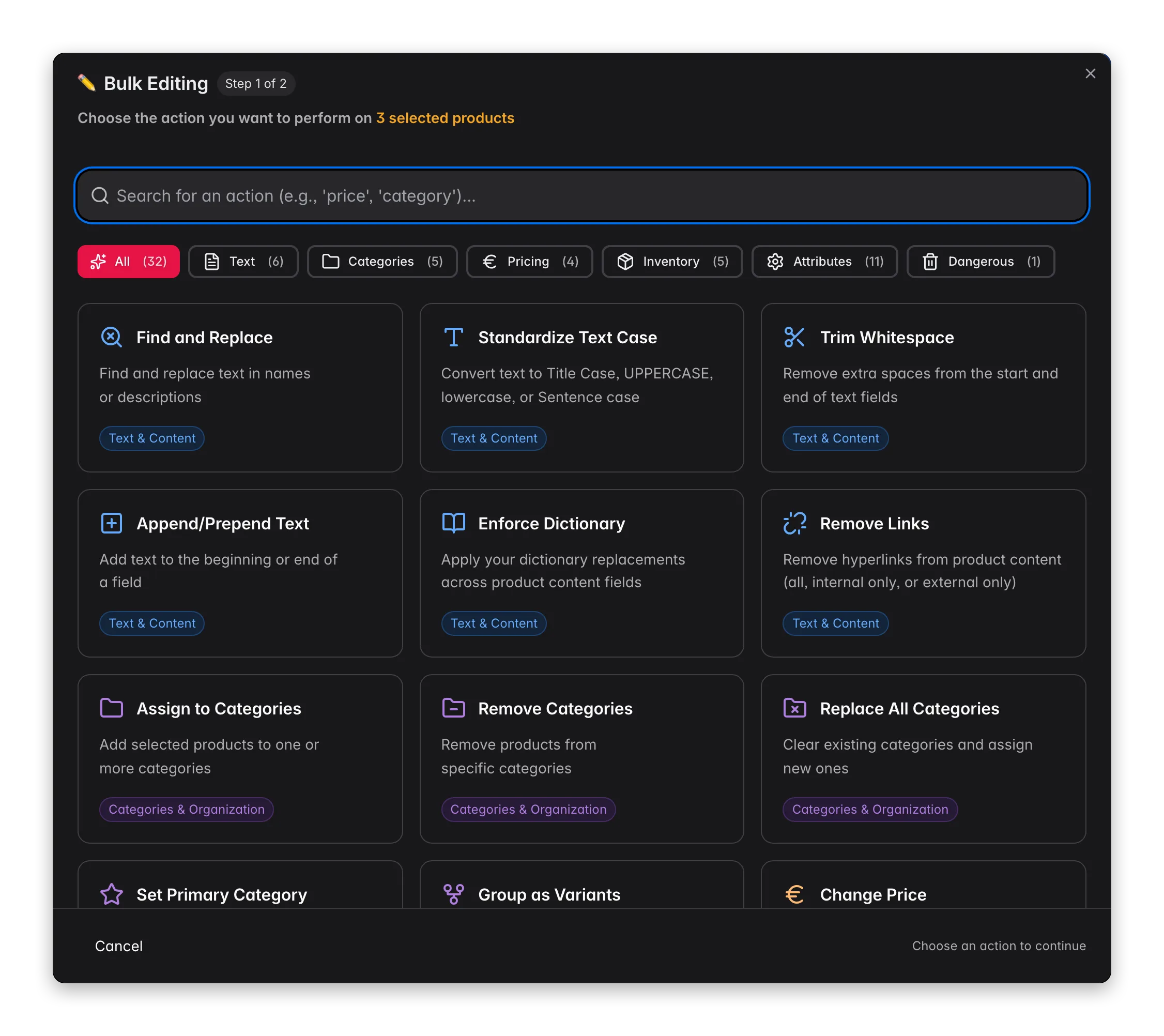 Bulk editing many products at once in WISEPIM