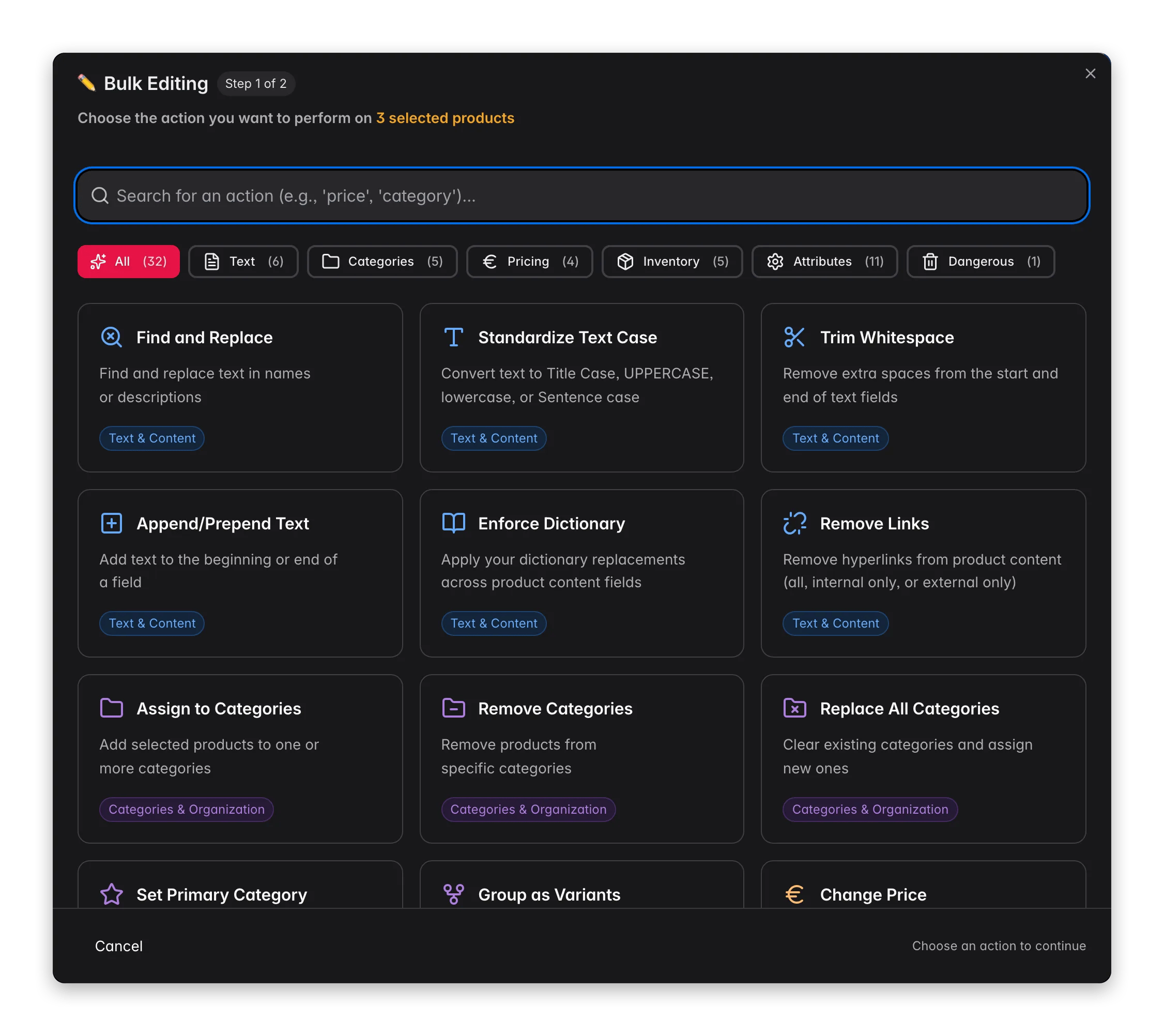 Bulk editing many products at once in WISEPIM