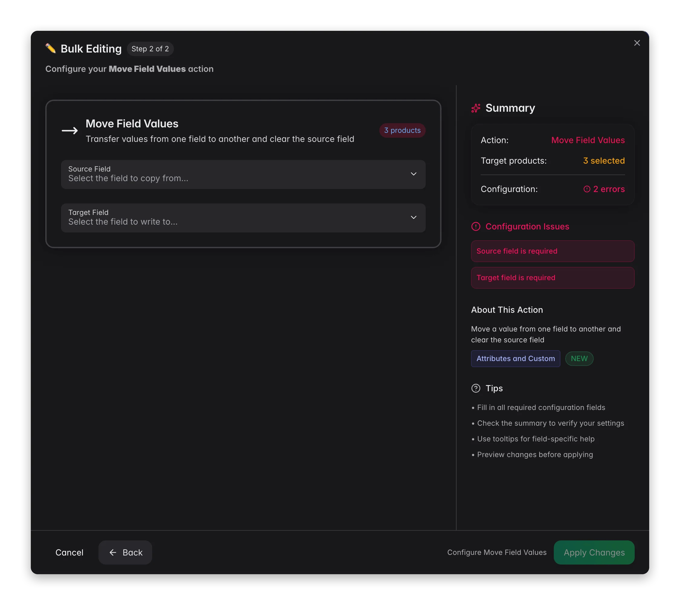 Bulk editing, Move Field Values across many products at once in WISEPIM