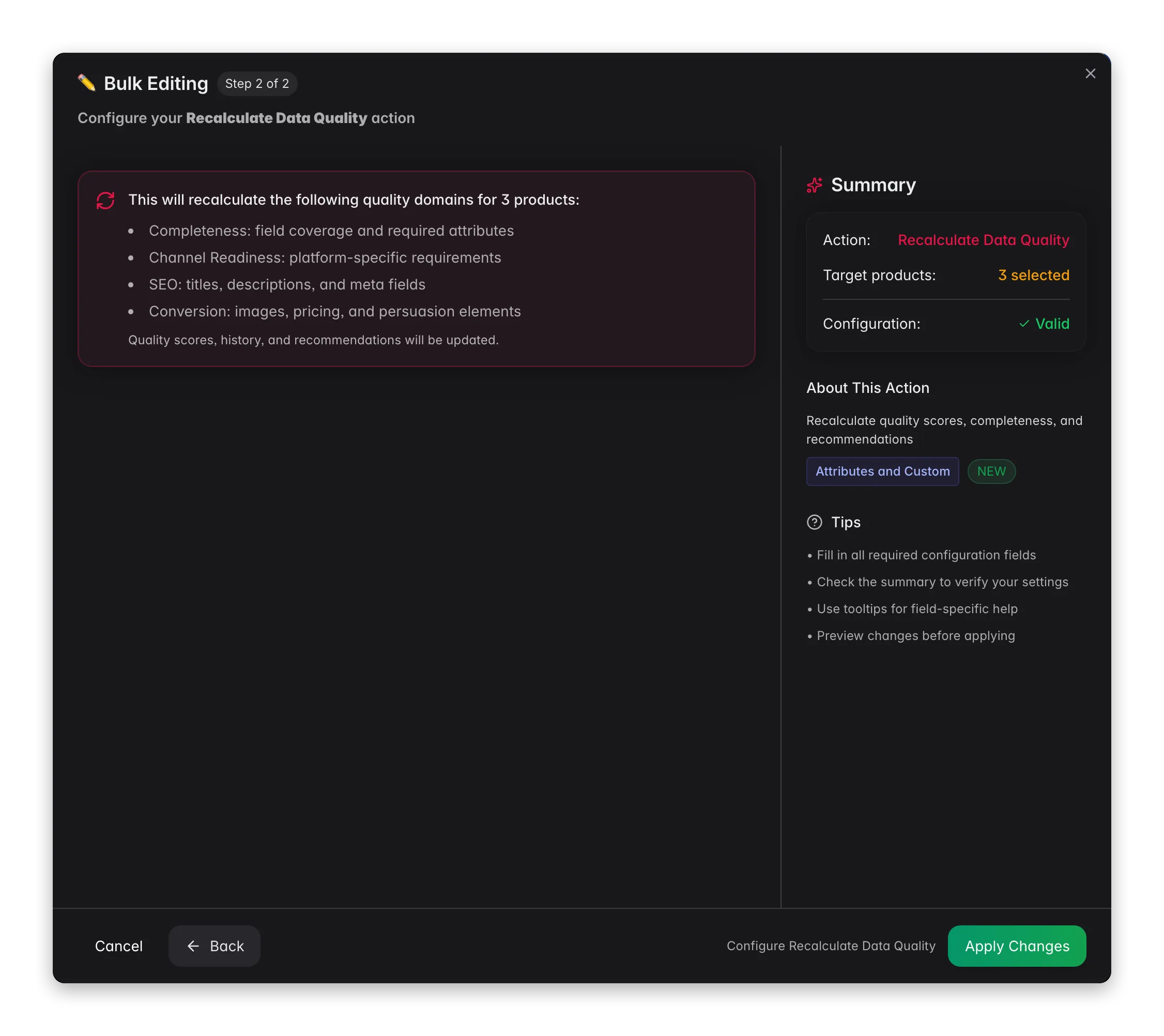 Bulk editing, Recalculate Data Quality across many products at once in WISEPIM