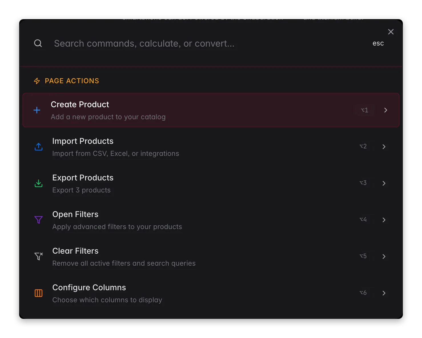 WISEPIM command menu (⌘K) with context-aware page actions for the products view