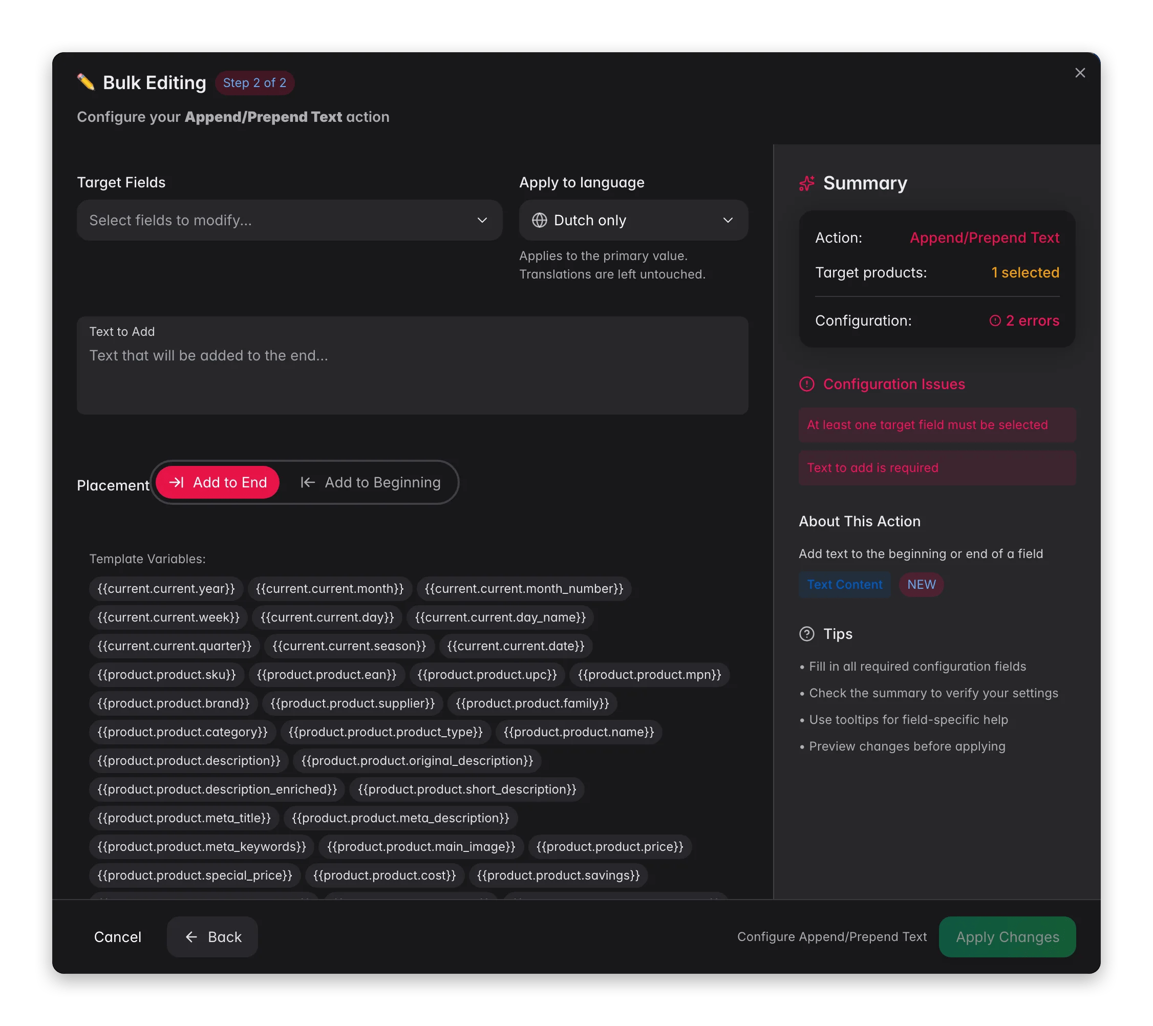 Bulk editing, Append/Prepend Text across many products at once in WISEPIM