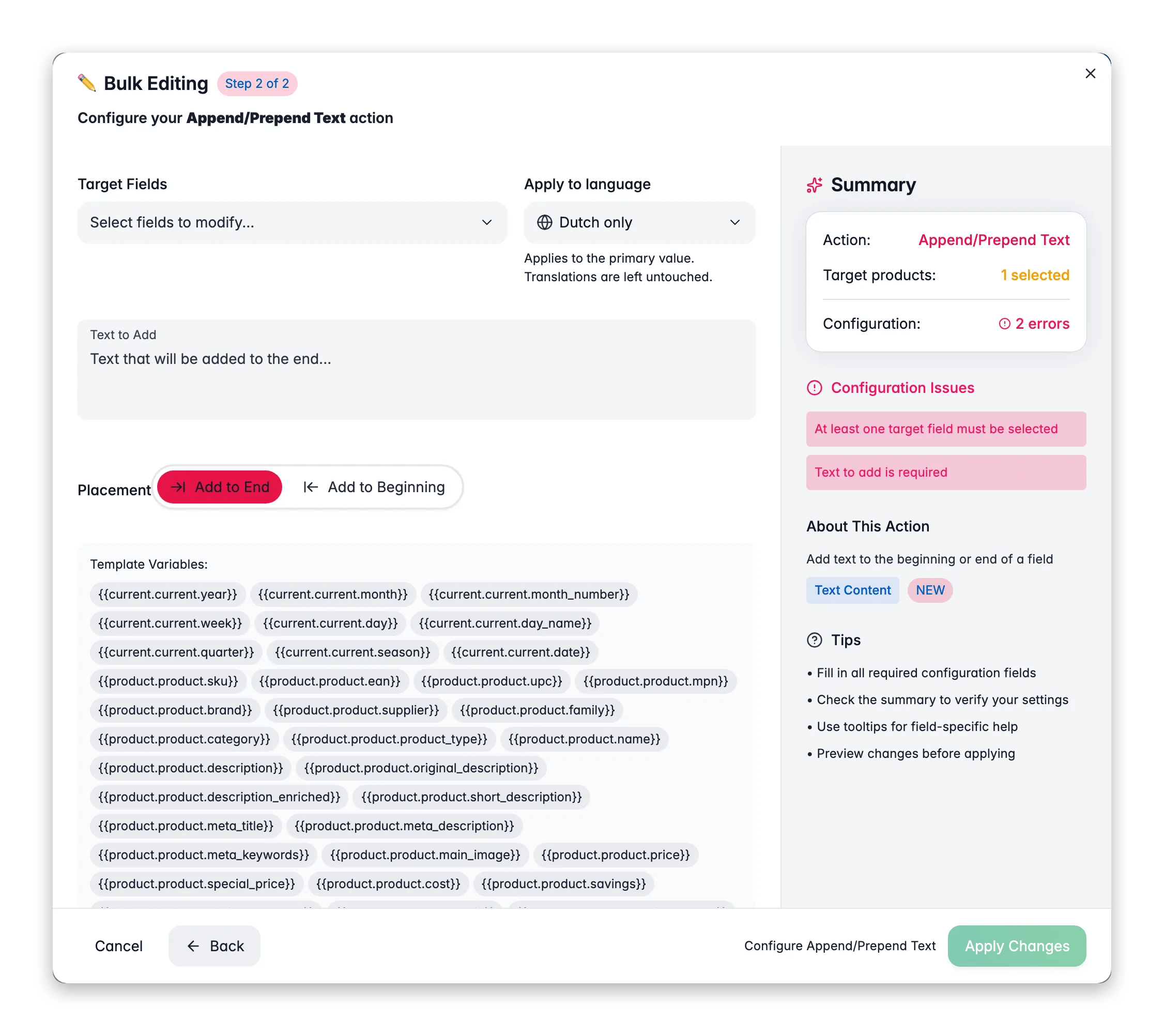 Bulk editing, Append/Prepend Text across many products at once in WISEPIM