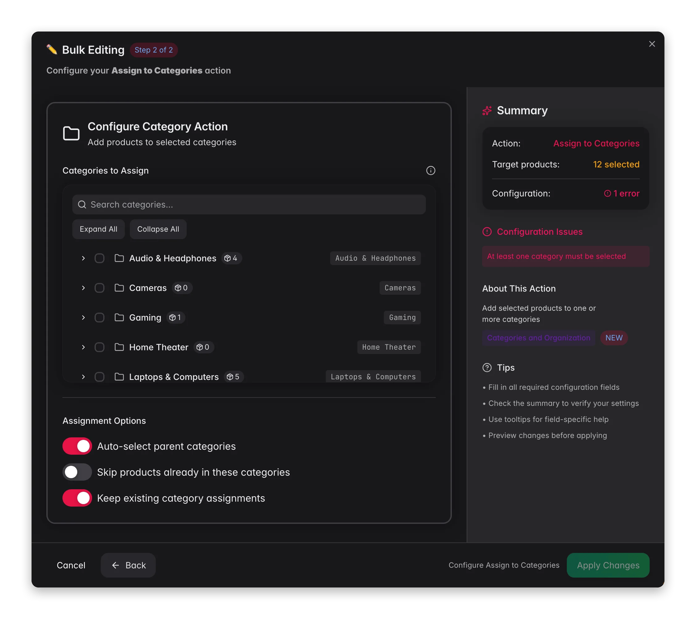 Bulk editing, Assign to Categories across many products at once in WISEPIM