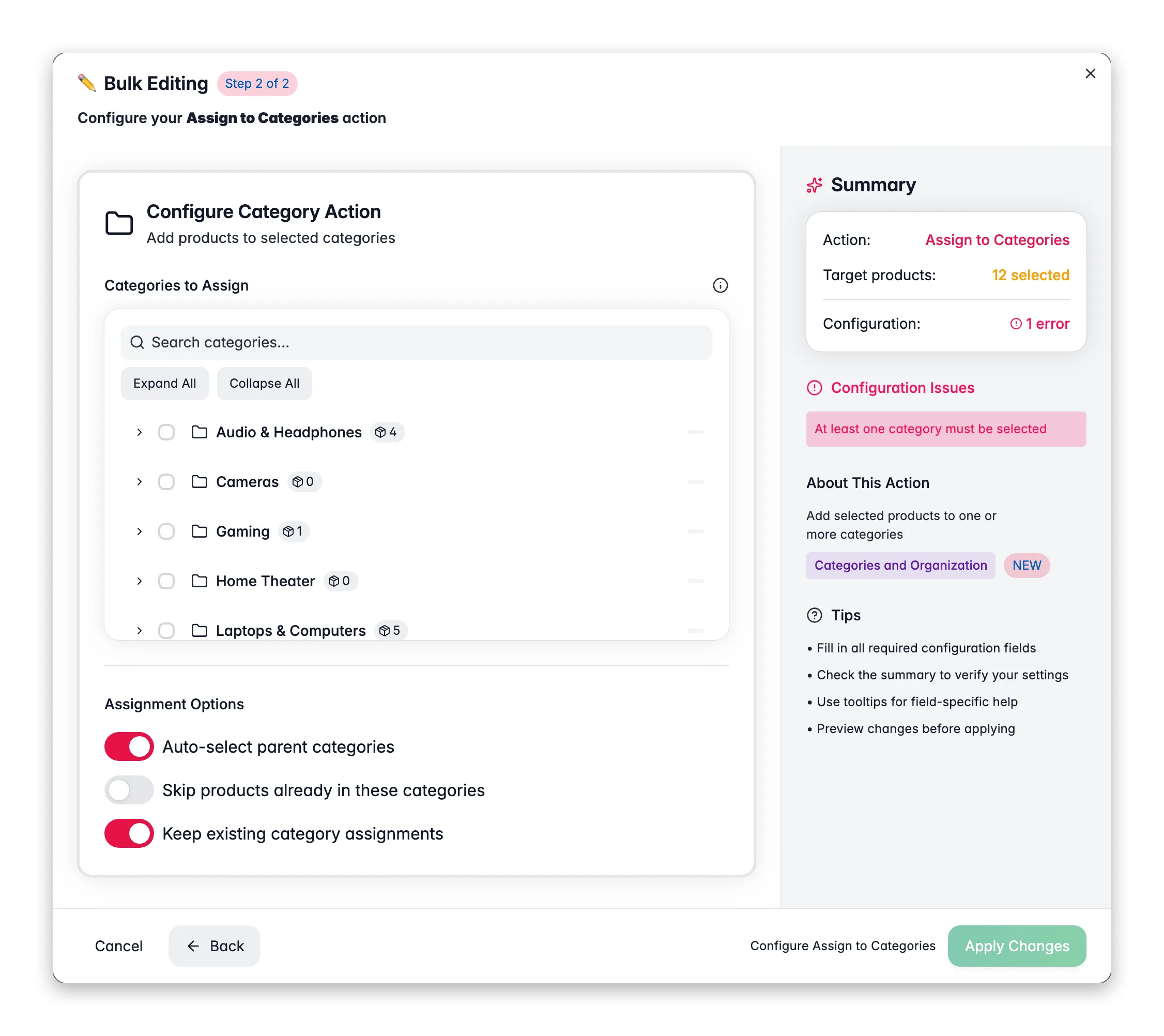 Bulk editing, Assign to Categories across many products at once in WISEPIM