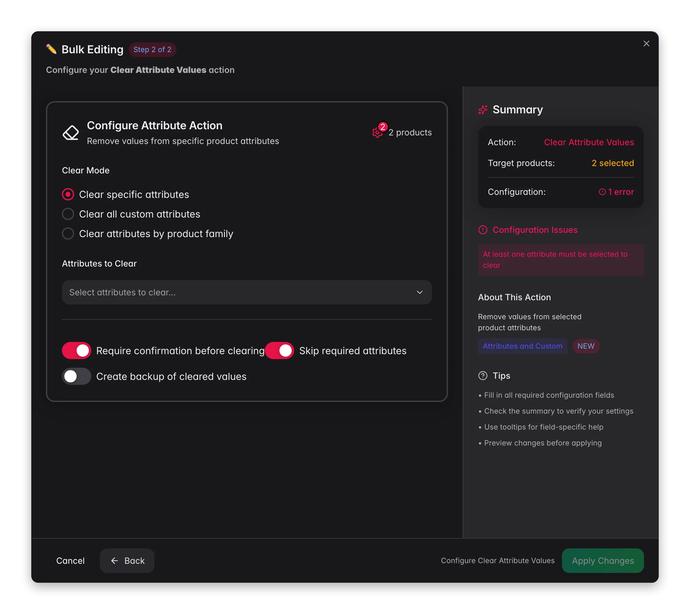 Bulk editing, Clear Attribute Values across many products at once in WISEPIM