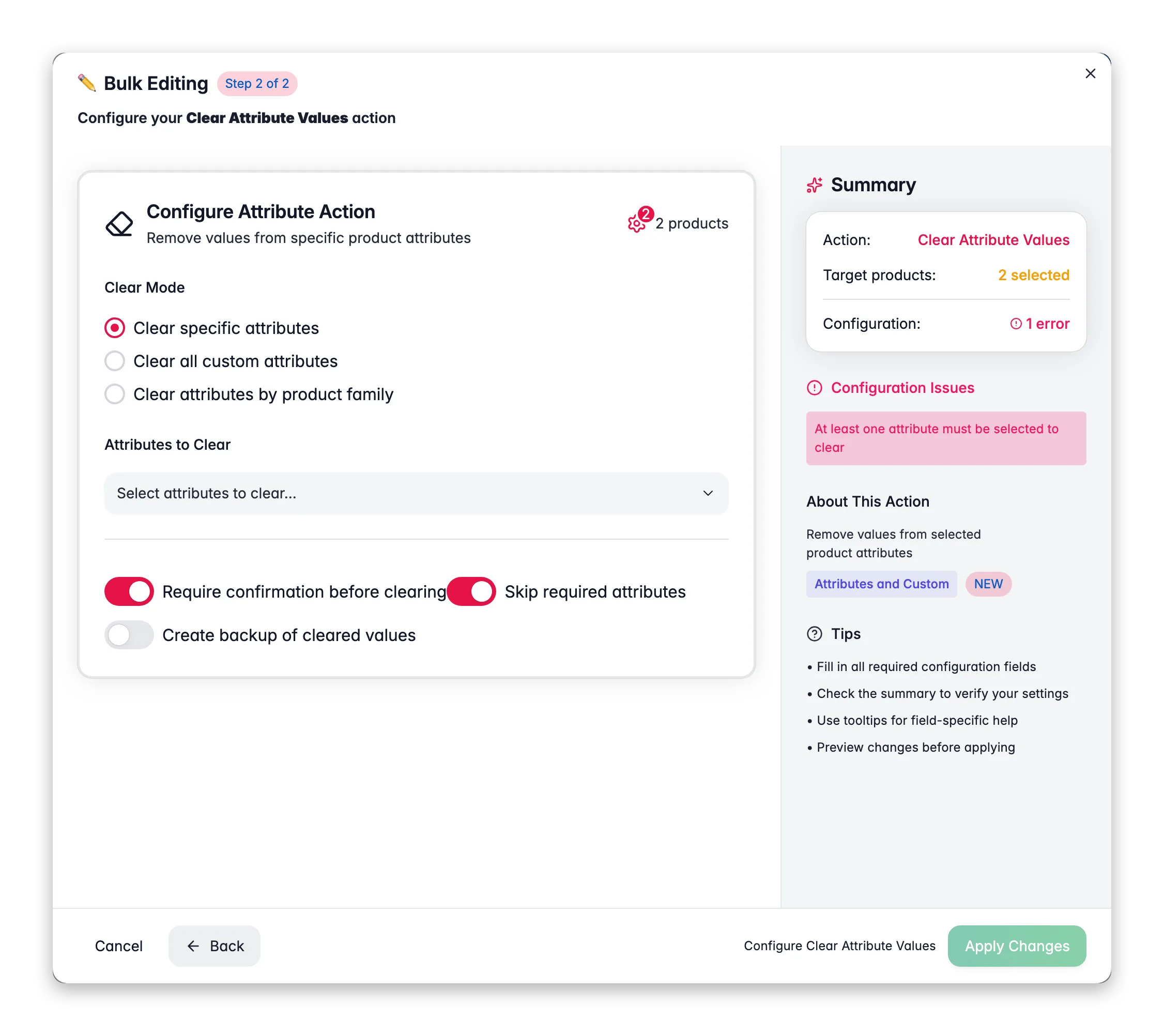 Bulk editing, Clear Attribute Values across many products at once in WISEPIM