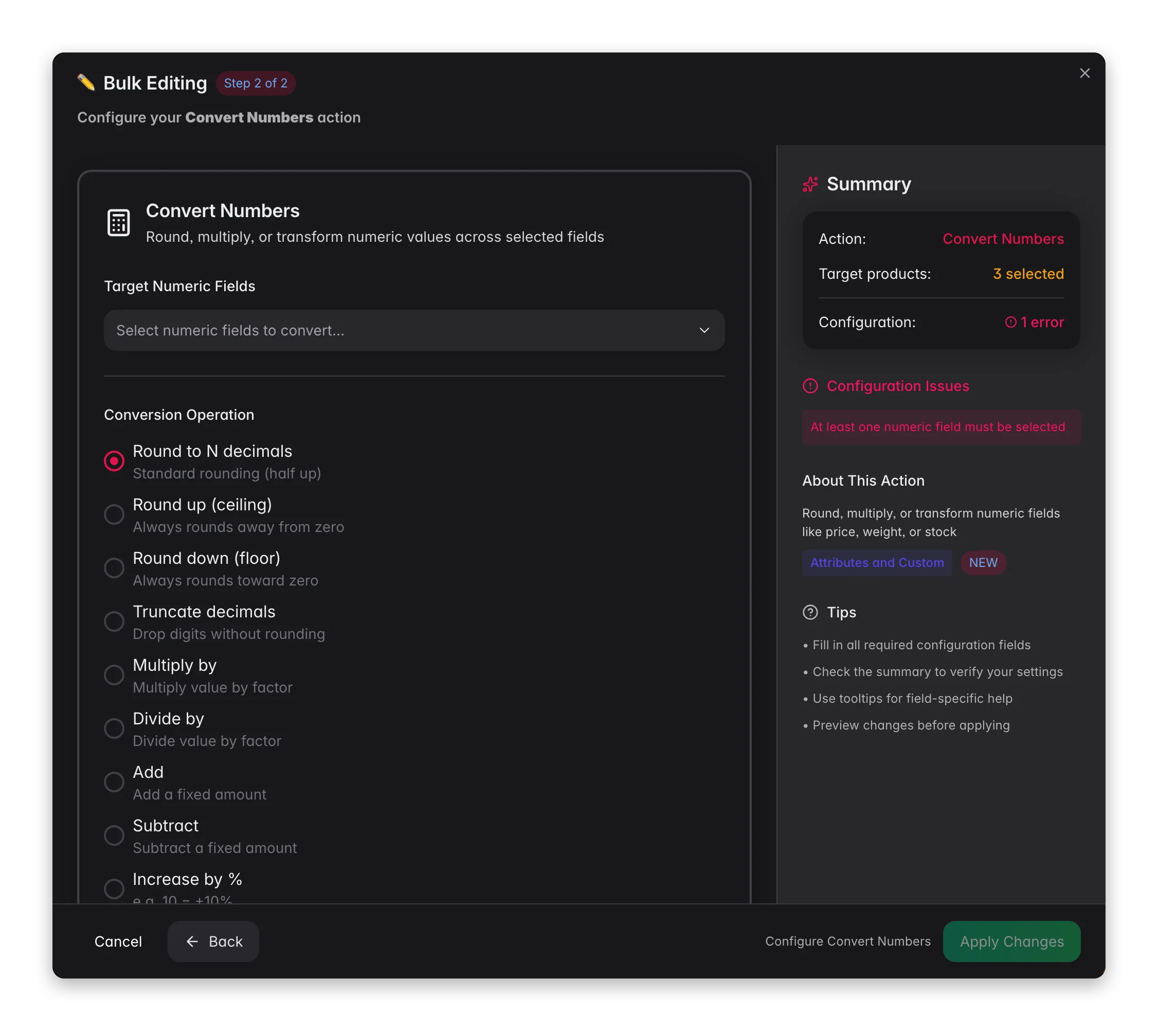 Bulk editing, Convert Numbers across many products at once in WISEPIM