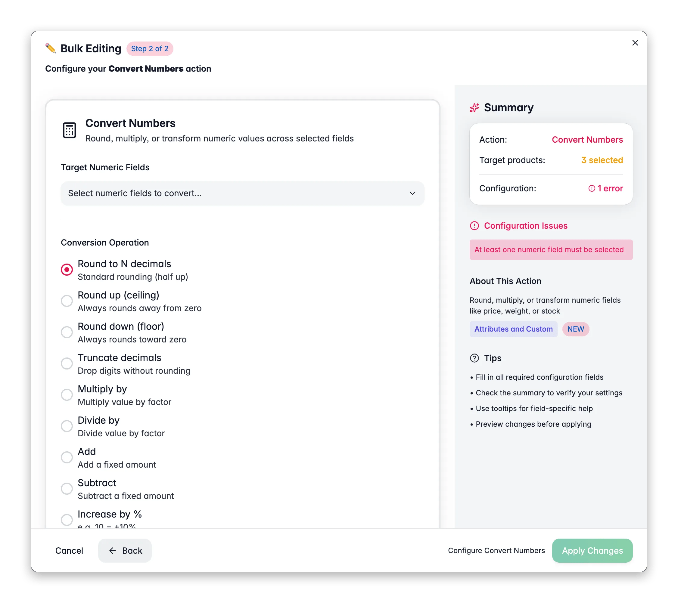 Bulk editing, Convert Numbers across many products at once in WISEPIM