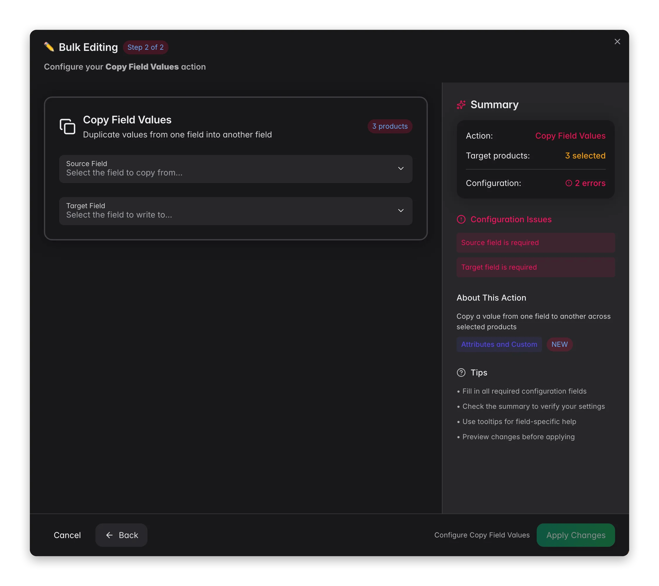 Bulk editing, Copy Field Values across many products at once in WISEPIM