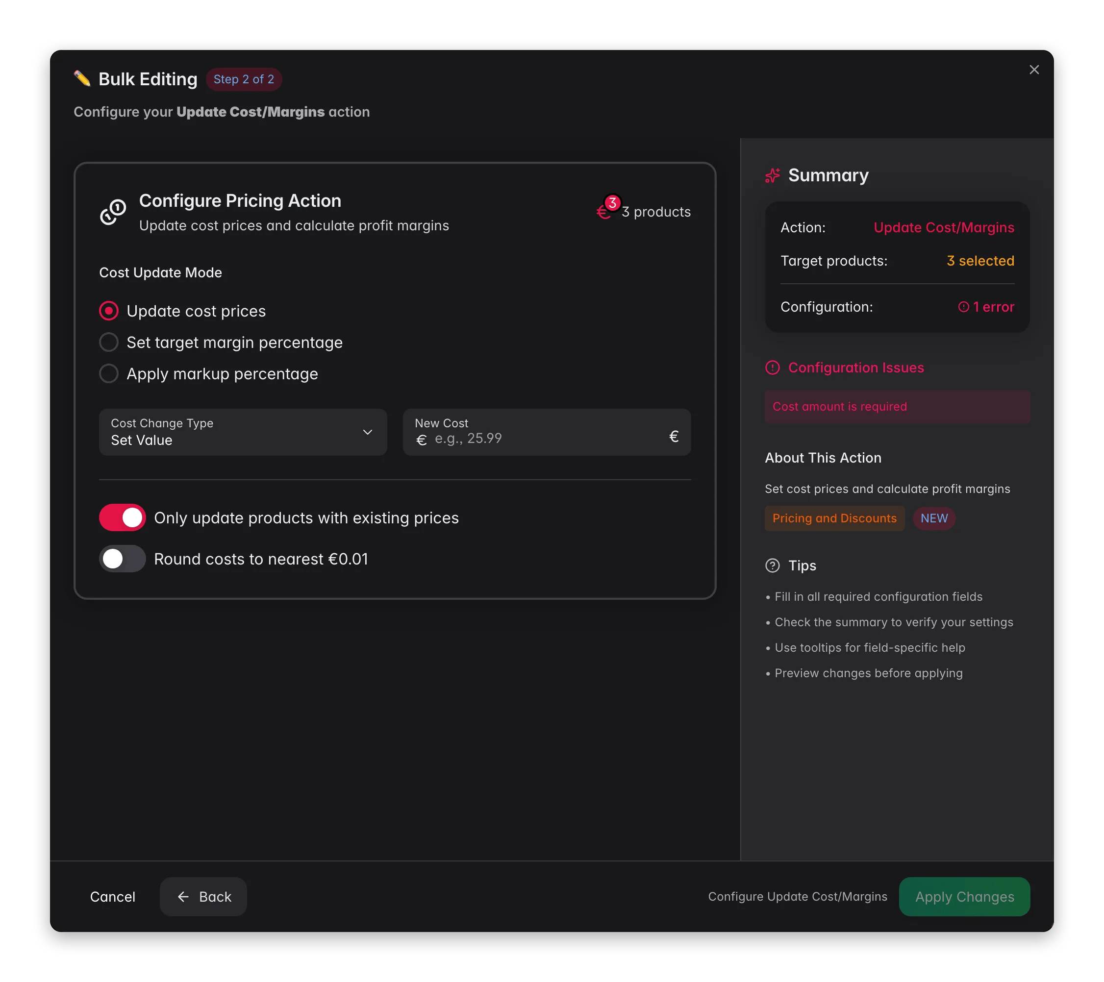 Bulk editing, Update Cost/Margins across many products at once in WISEPIM