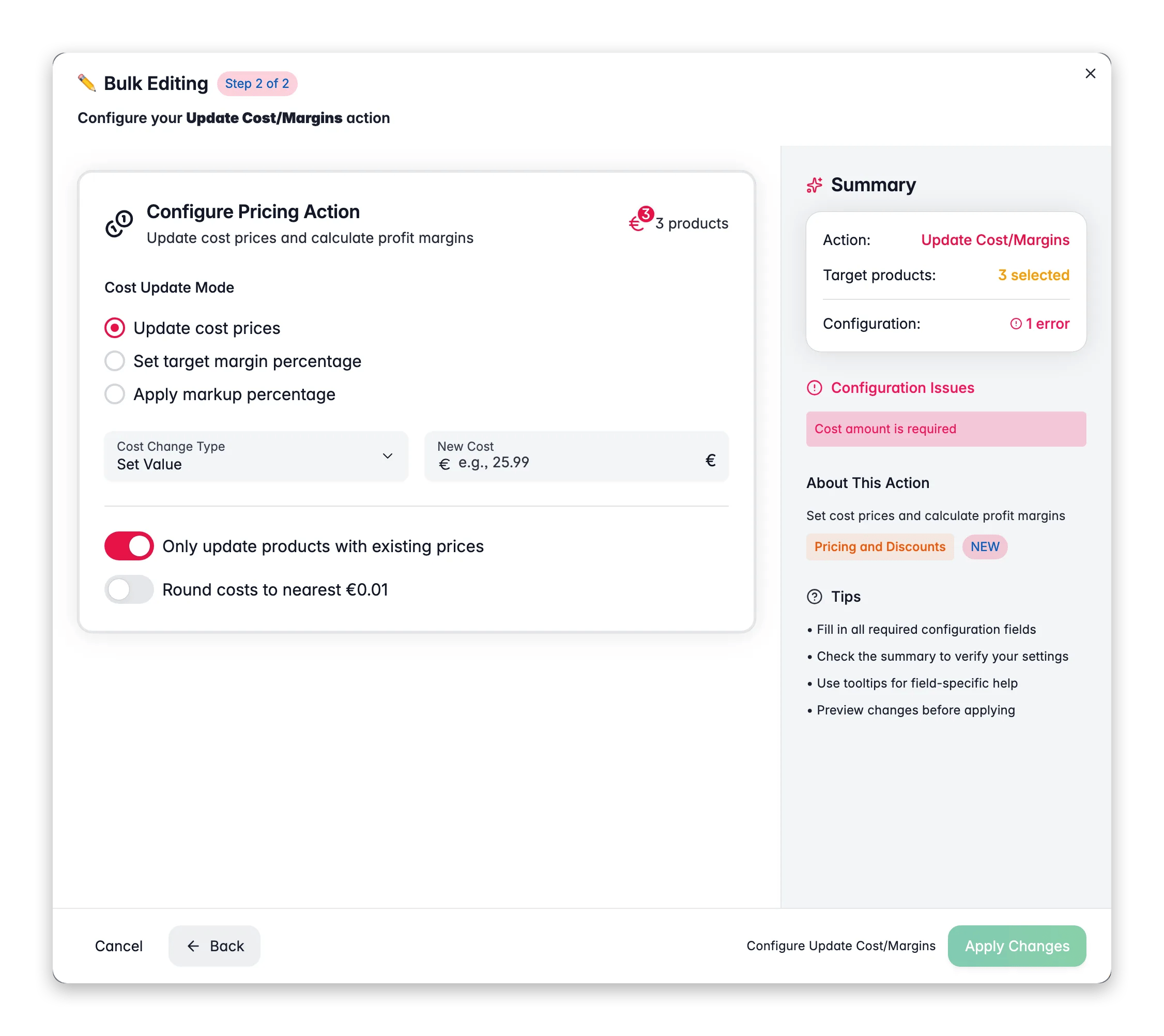 Bulk editing, Update Cost/Margins across many products at once in WISEPIM
