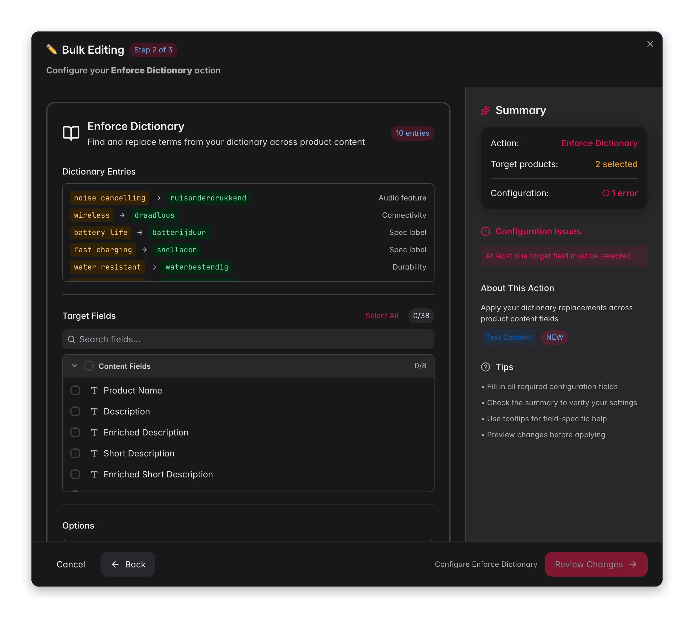 Bulk editing, Enforce Dictionary across many products at once in WISEPIM