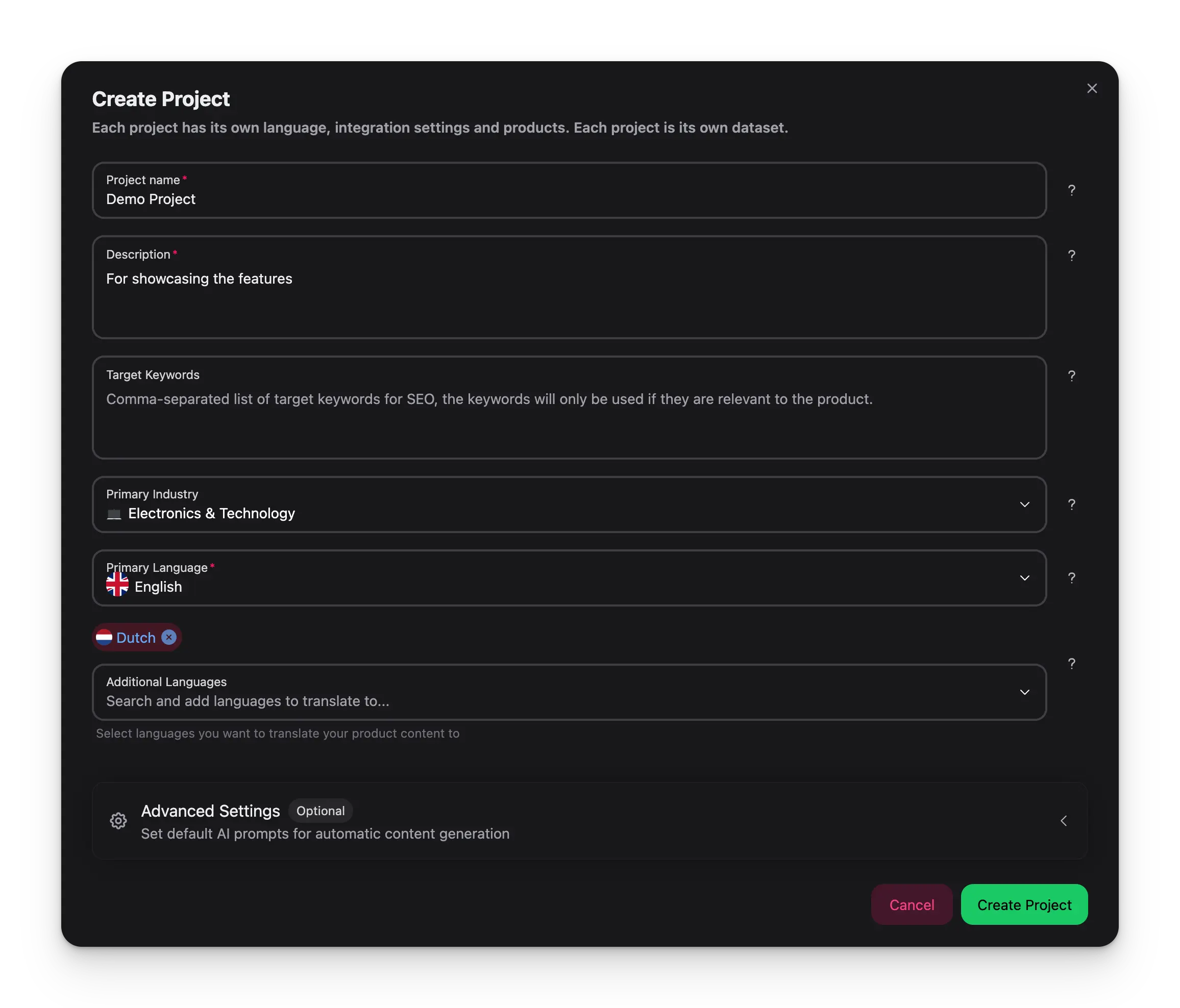 Create Project modal showing project configuration options