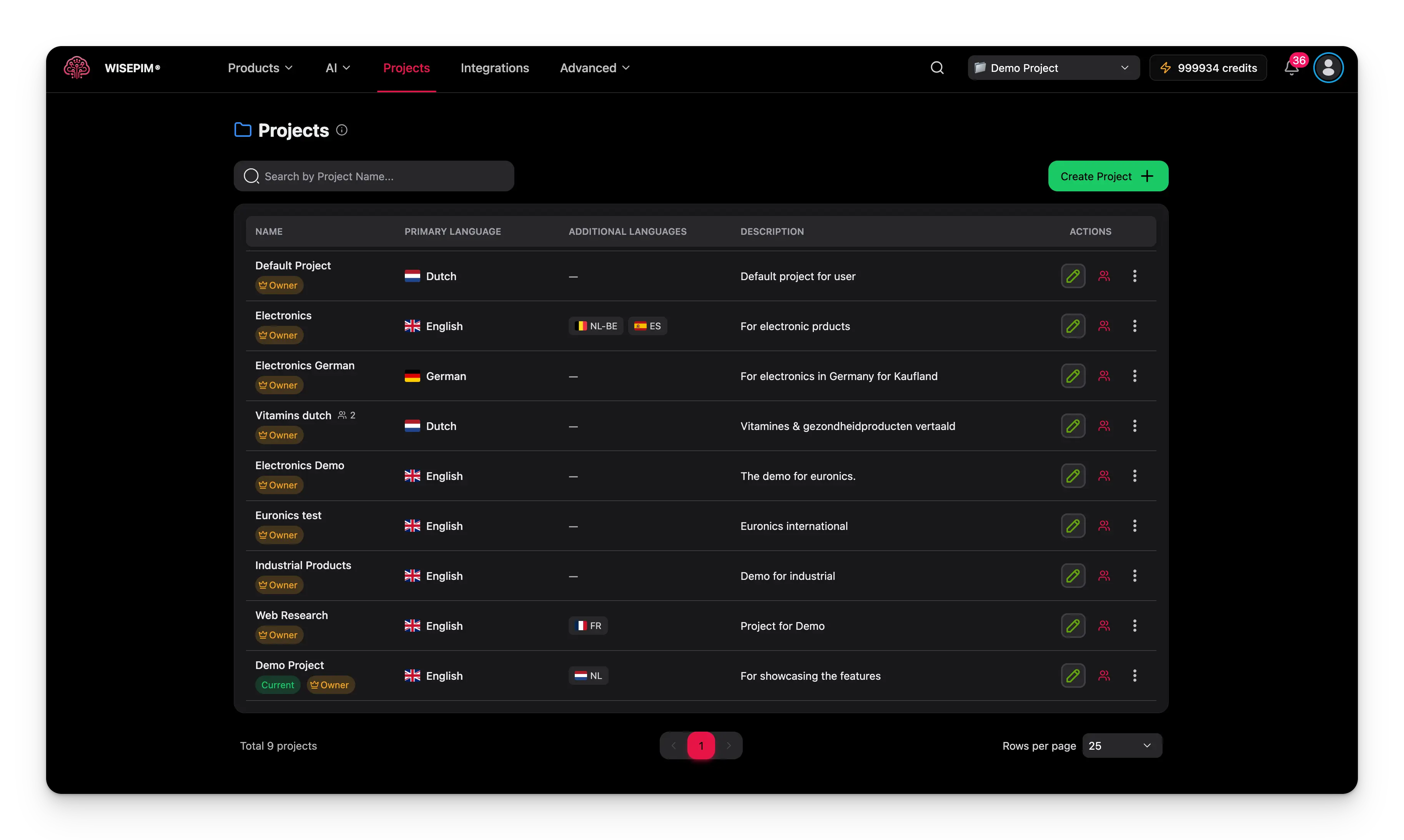 Projects table with different project examples showing names, descriptions, and status indicators