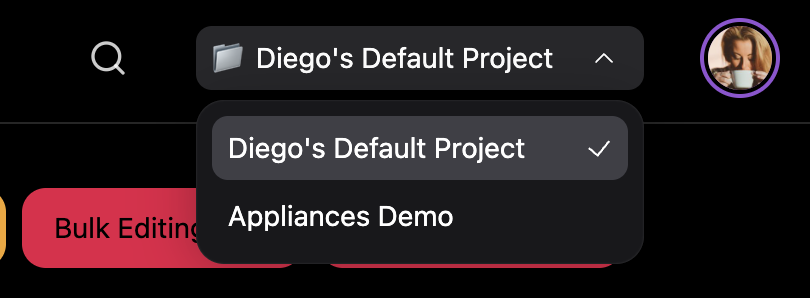 Projects page showing the current project indicator and project list