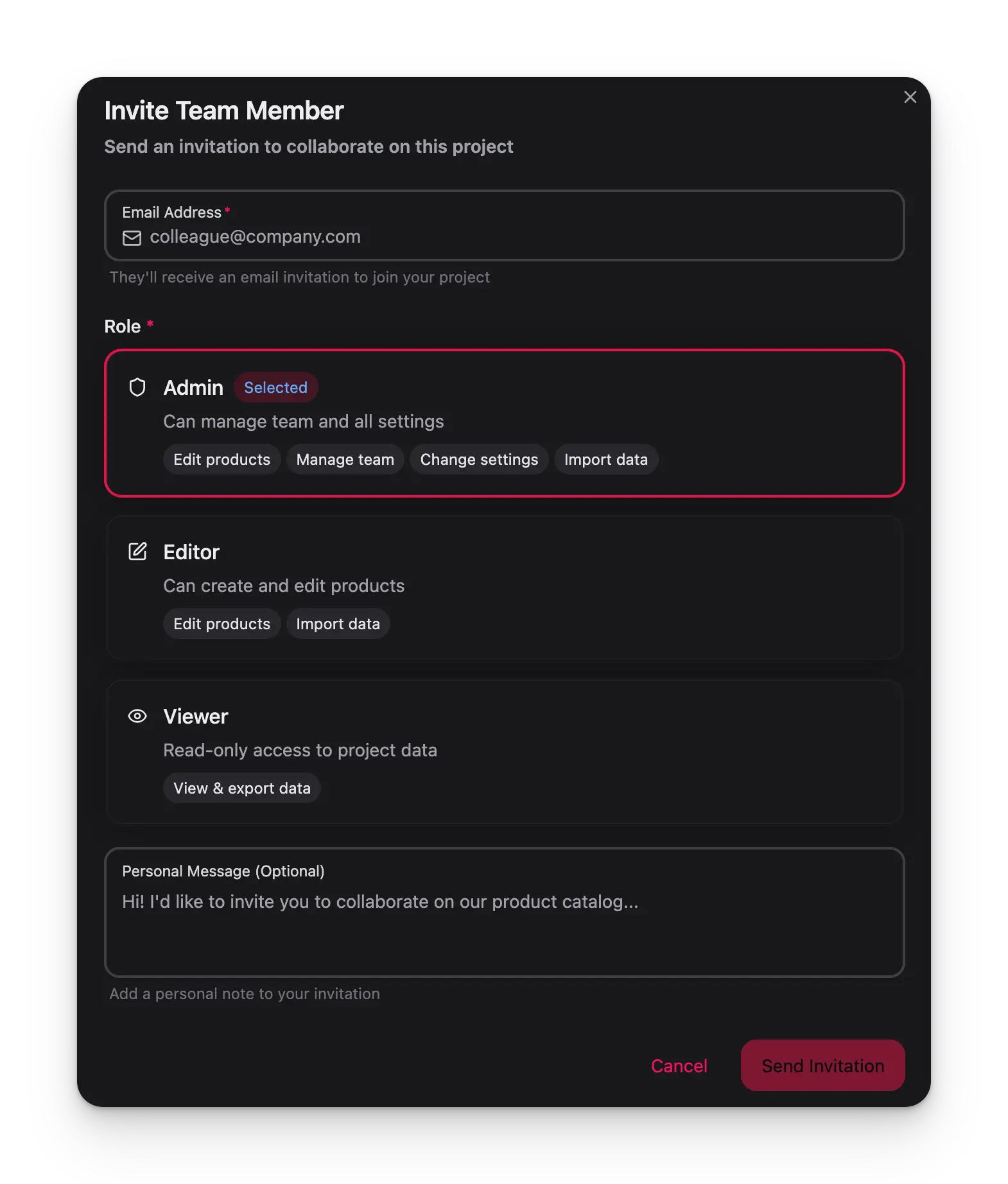 Invite Team Member modal showing email, role selection, and permissions