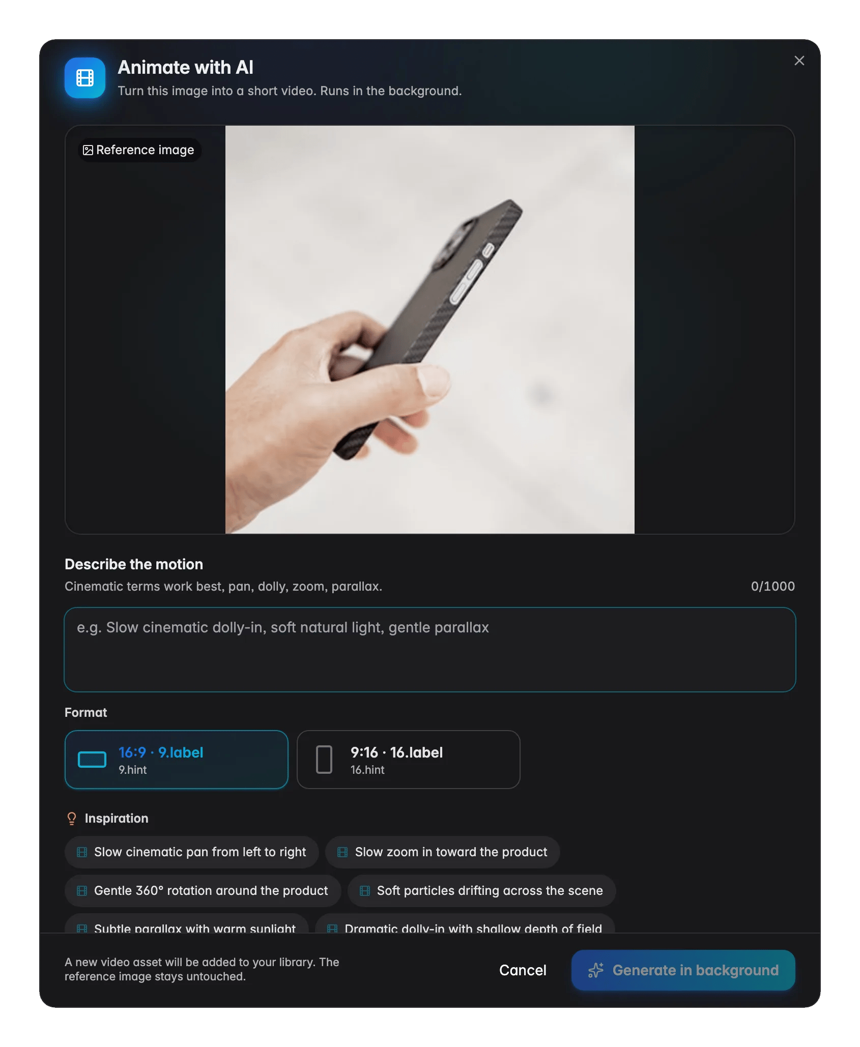 Animating a product image into a short video with AI in WISEPIM