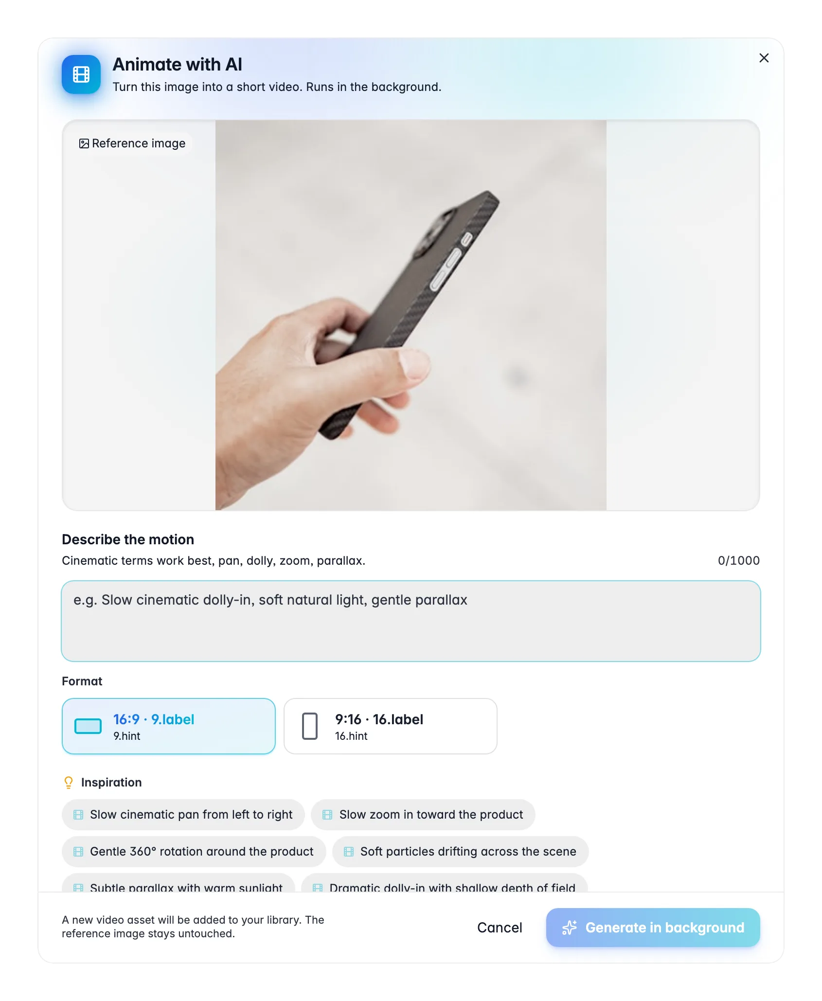 Animating a product image into a short video with AI in WISEPIM